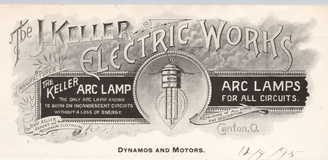 1895 J Keller Electric Works Keller Arc Lamp Canton OH Letterhead BH1-13