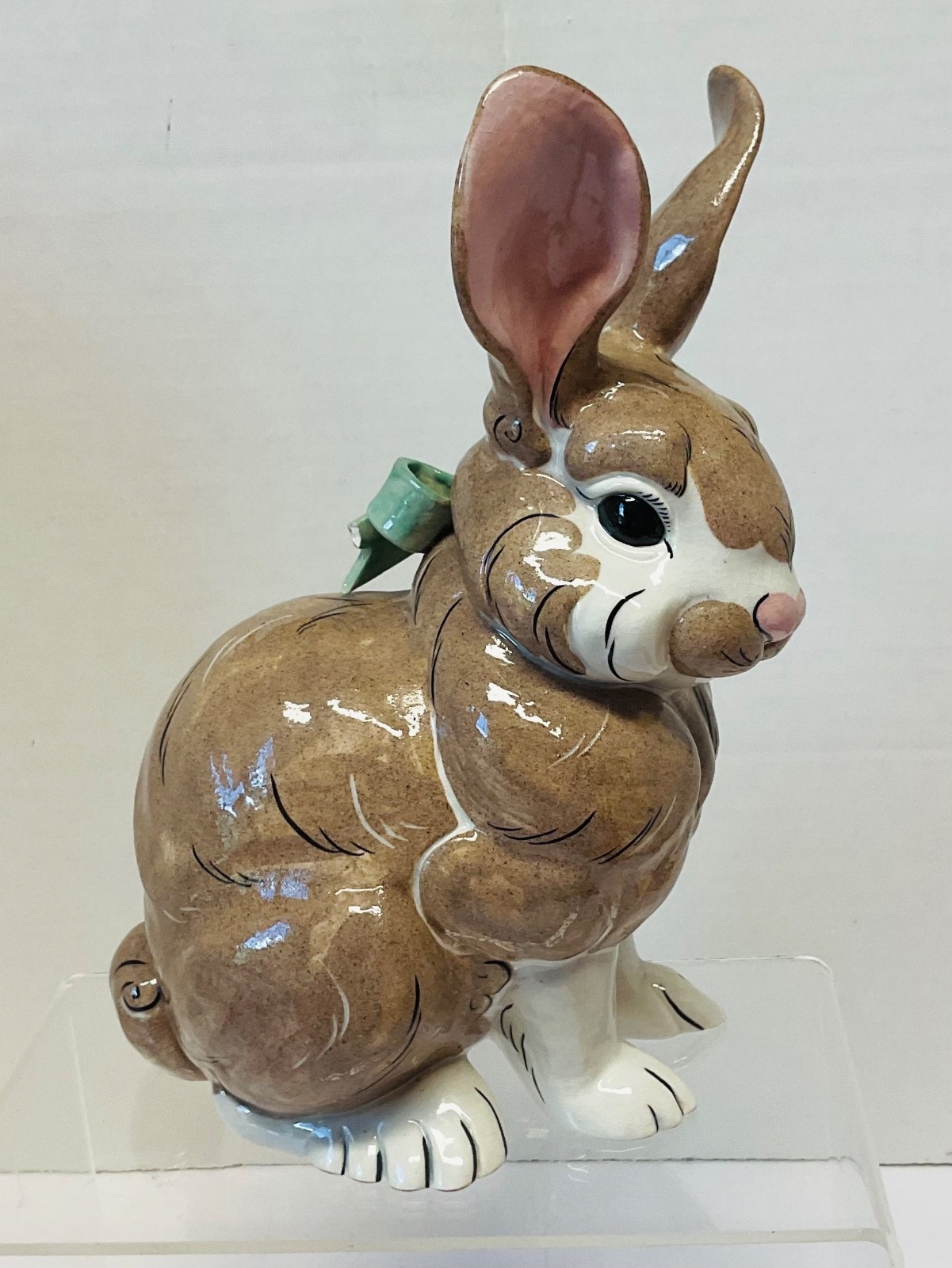 Adorable Vintage KAY FINCH California Pottery Brown RABBIT W/Green Bow Figurine