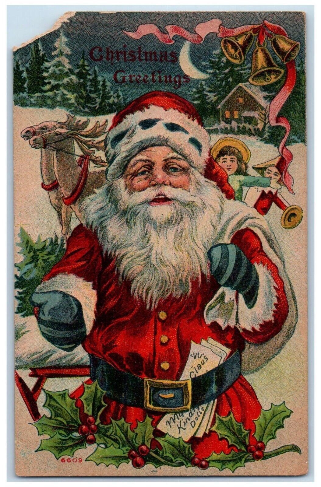 c1910\'s Christmas Greetings Santa Claus With Toys Holly Berrie Bells Postcard c1910\'s Christmas Greetings Santa Claus With Toys Holly Berrie Bells Postcard