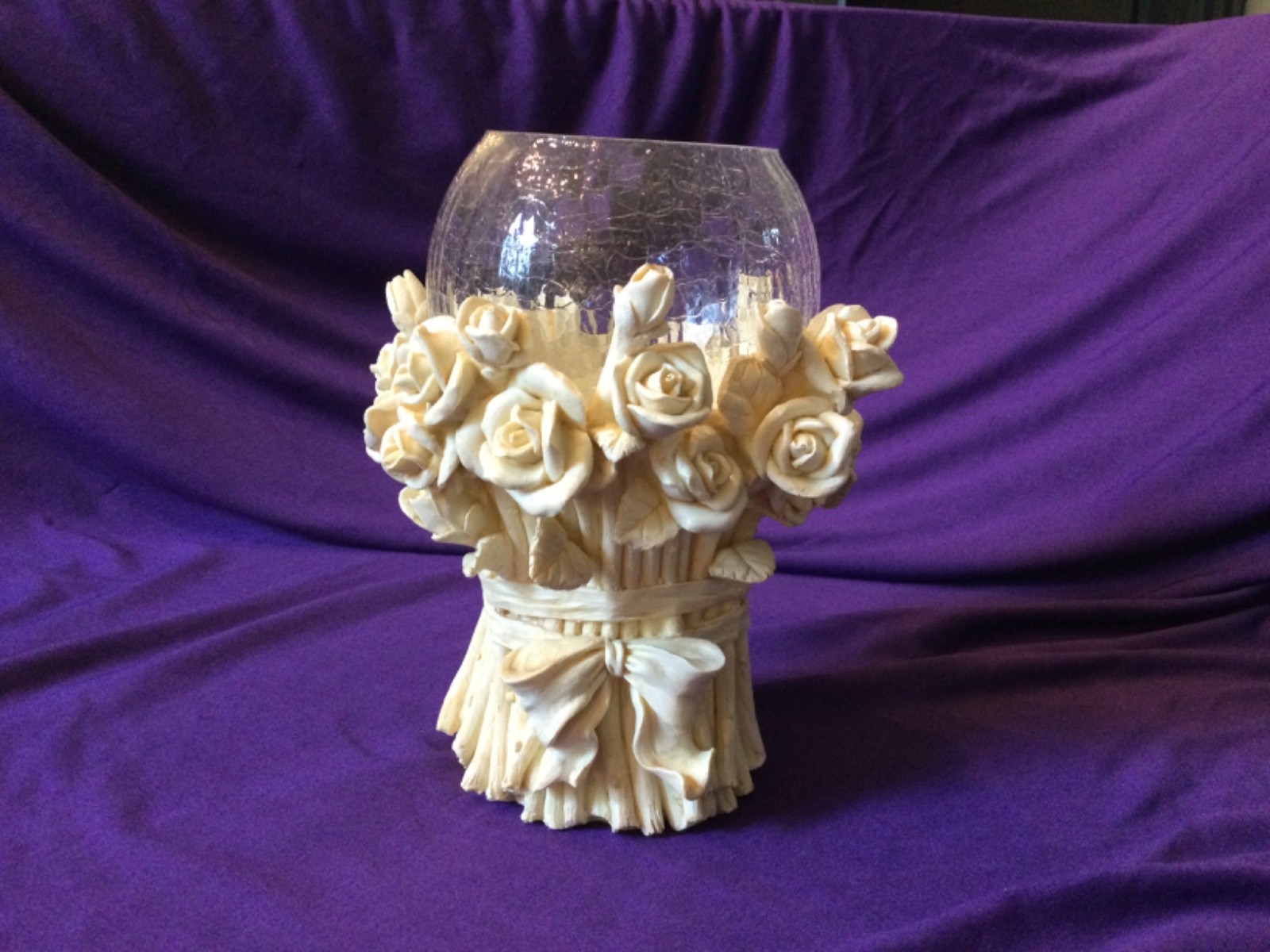 Vintage Casa Elite M. Valenti Cream Rose Crackle Glass Votive Candle Holder