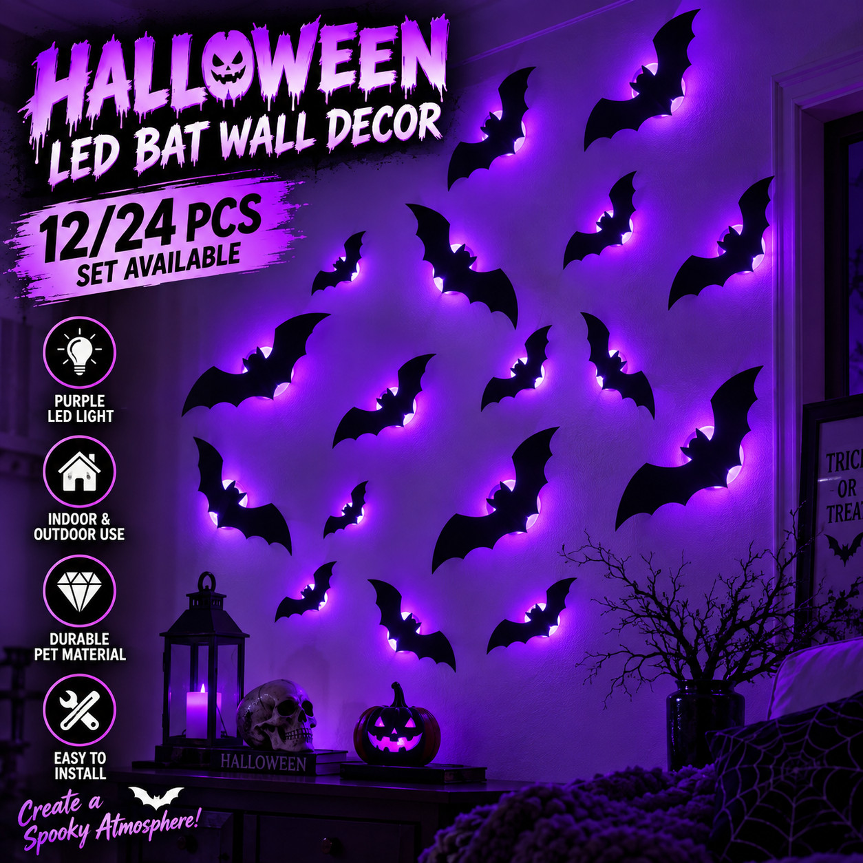 12/24PCS Halloween LED Bat Wall Decor Purple Light 3D Hanging Party Decoration