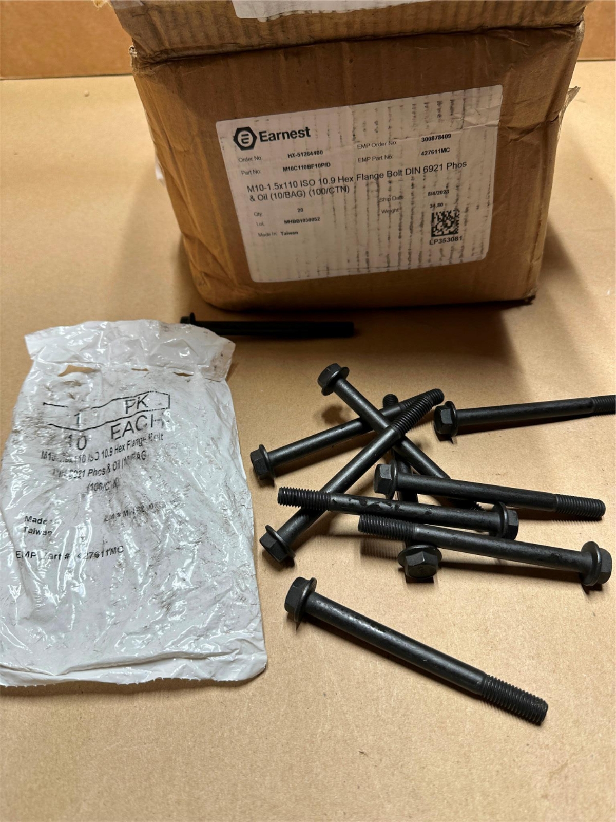 10x Pack Earnest M10-1.5x110mm Hex Flange Bolt Class 10.9 Partial Threaded Black