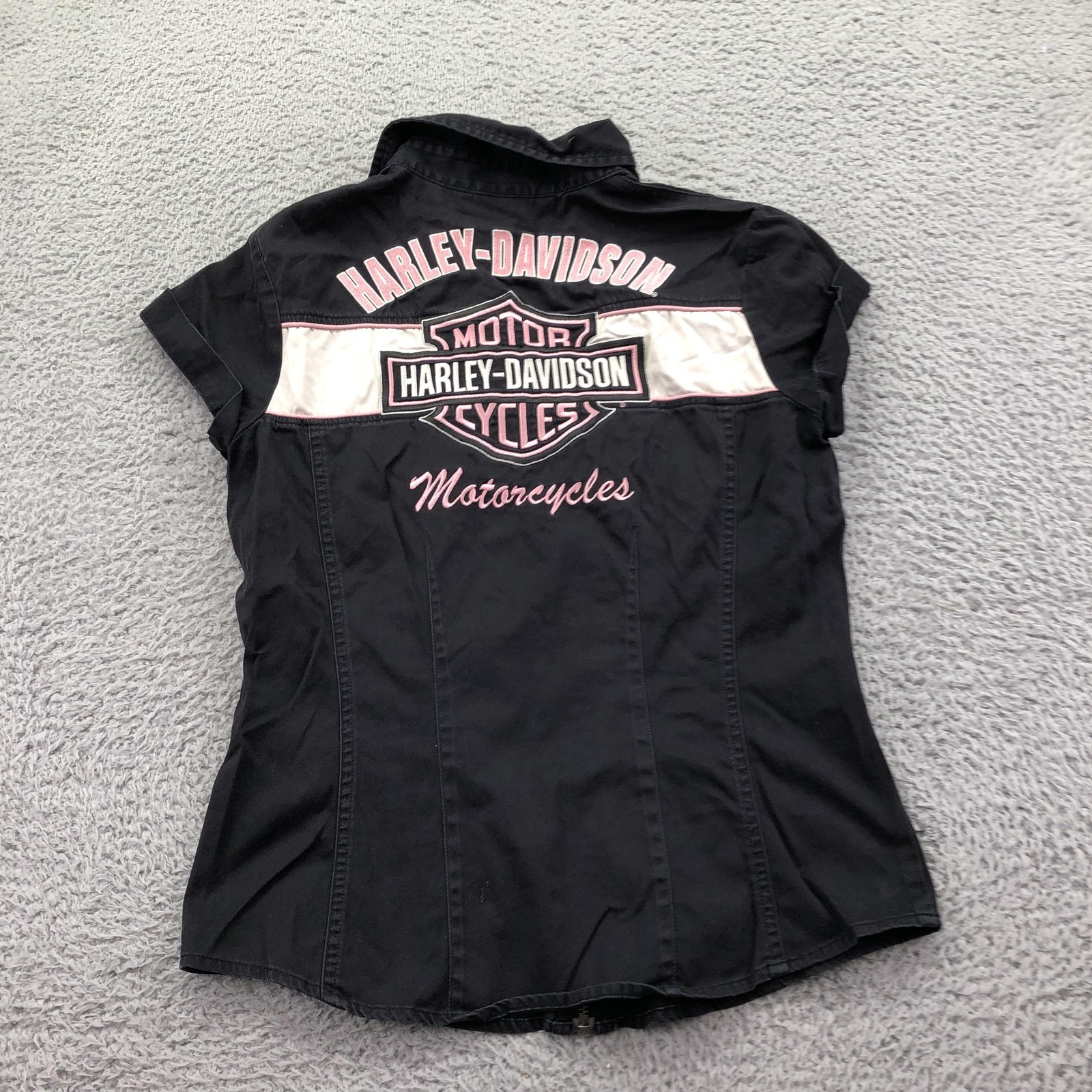 Harley-Davidson Shirt Womens XS Black Pink Stripe Full Zip Biker Top Embroidered