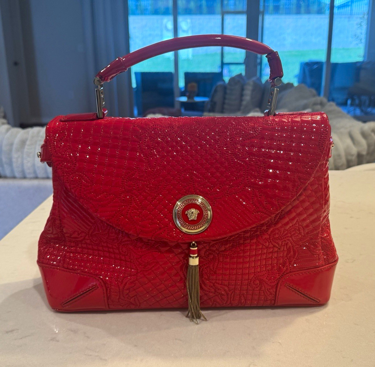 Authentic Versace Red Patent Embossed Leather Top Handle Bag Turn-Lock Closure