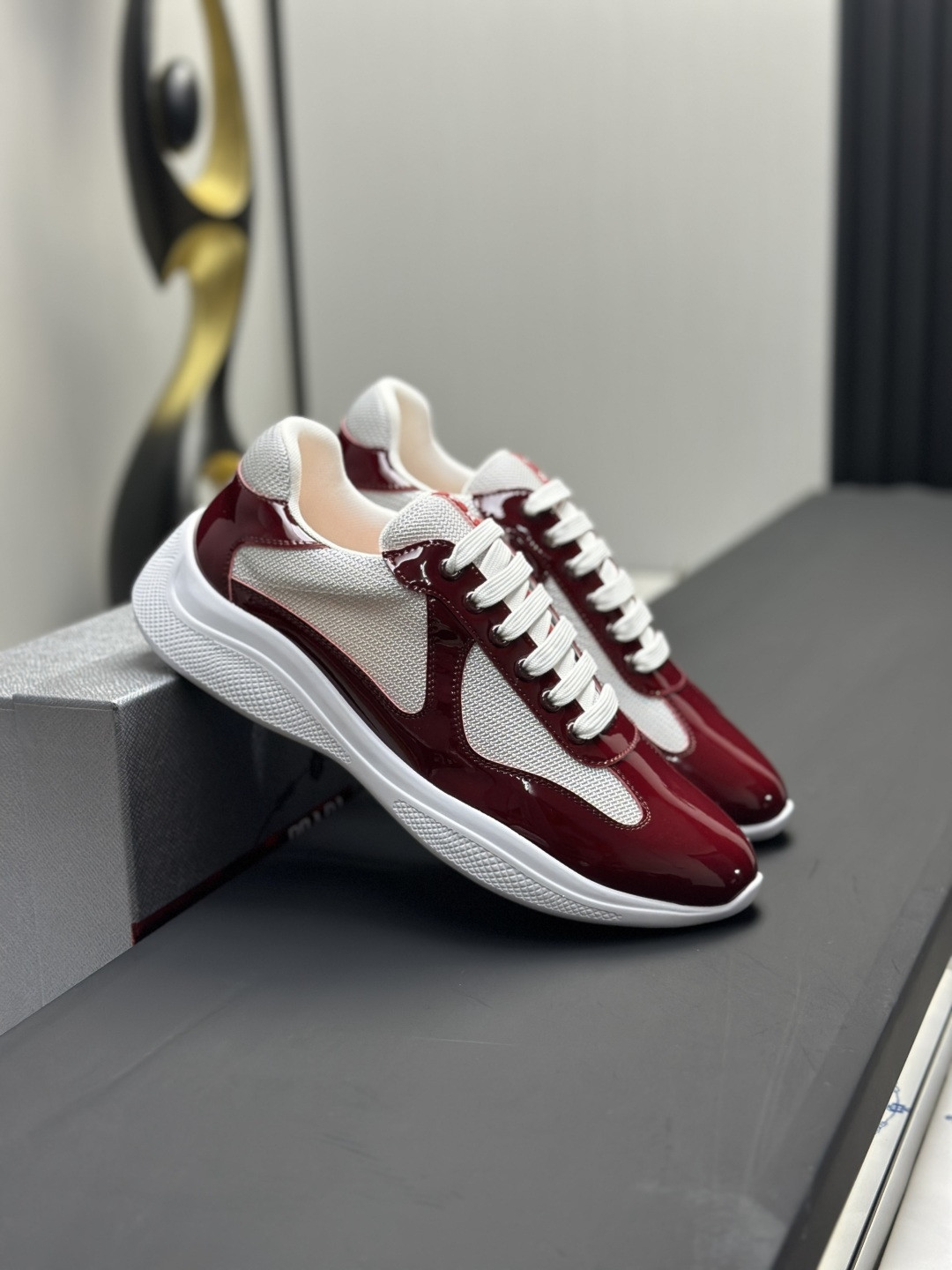 Prada Americas Cup Men's Wine Red Low-top Fashion Casual Sports Shoes