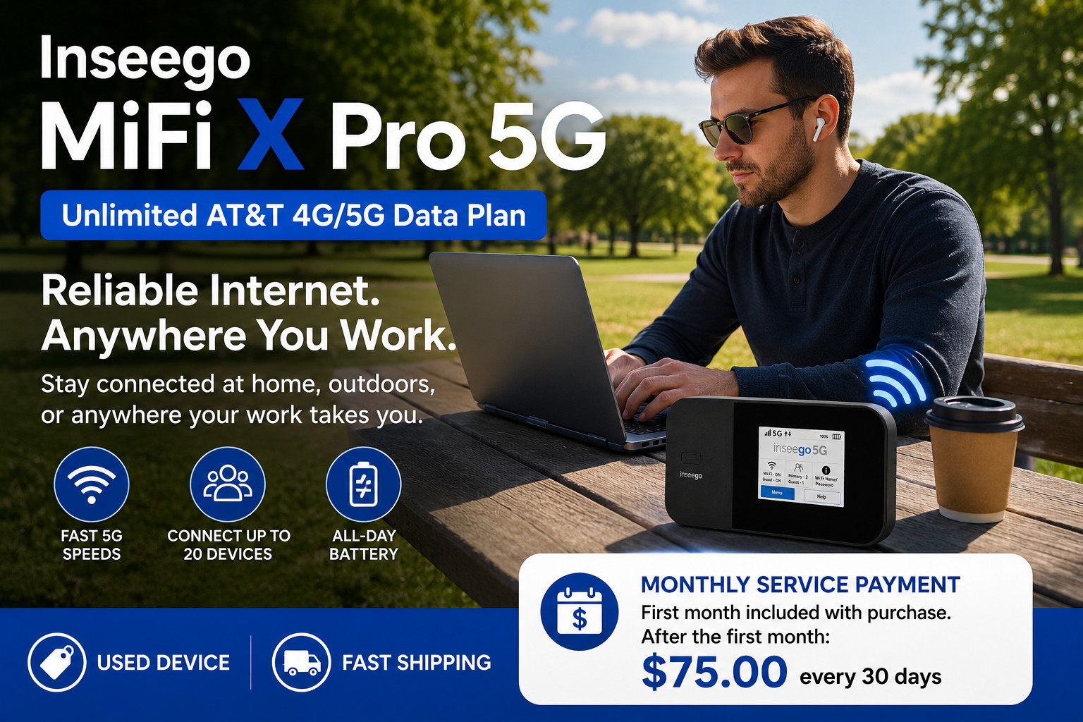 Inseego Mifi X Pro 5G WiFi Hotspot + Unlimited ATT 4G/5G Data Plan