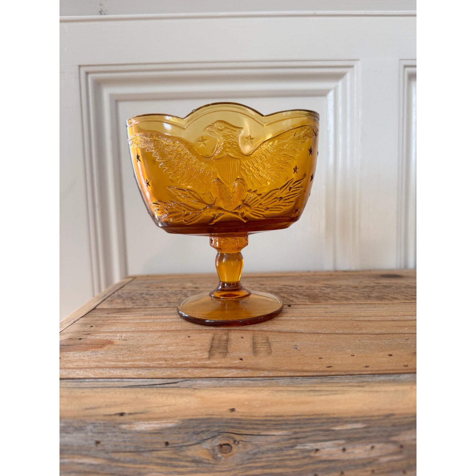 Vintage Indiana Glass Tiara American Eagle Amber Footed Compote, 1970s Glass