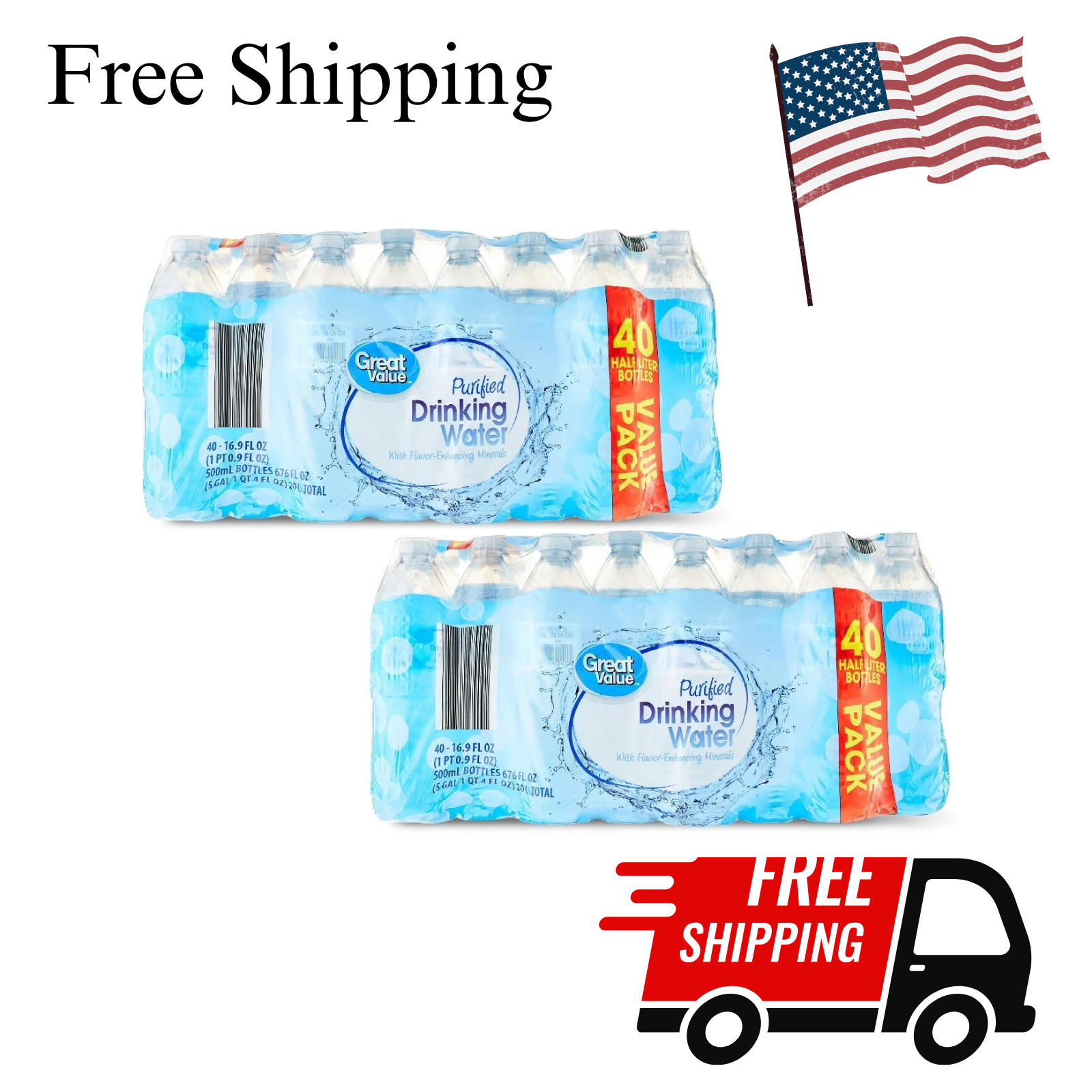 NEW (2 pack) 16.9 Fl. Oz., Great Value Purified Drinking Water, 40 Count****