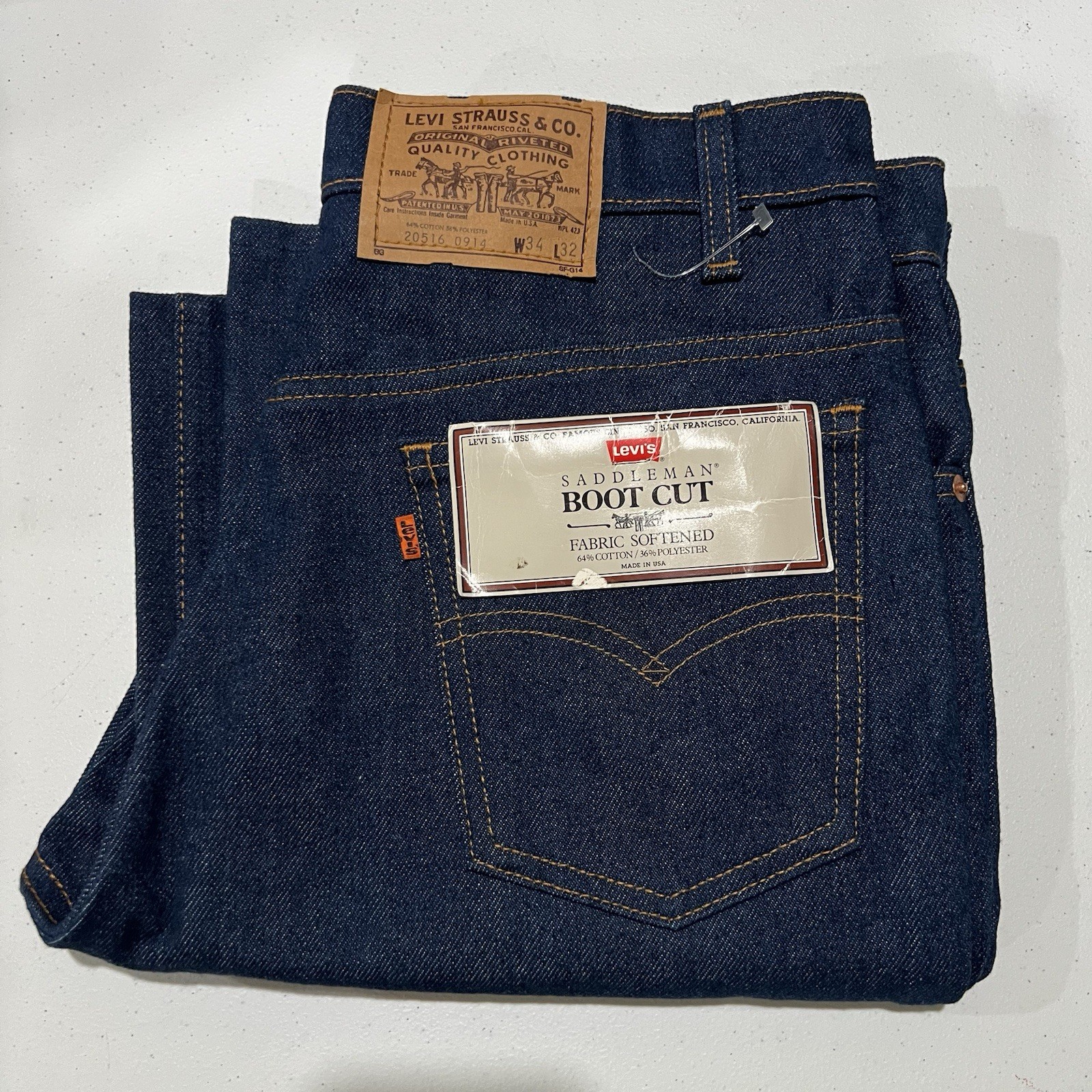 Vintage Levi\'s 516 Jeans Saddleman Boot Cut 31x29 Orange Tab USA NEW 20516 80s