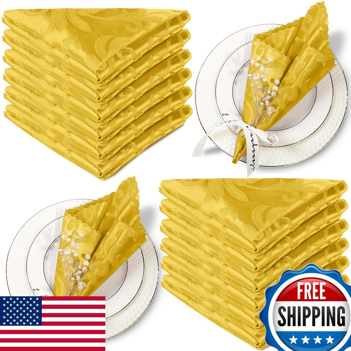 Aormenzy 50 Pack Gold Satin Cloth Napkins 17 x 17 inches