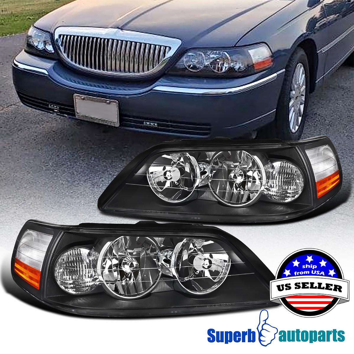 Fits 2005-2011 Lincoln Town Car Black Front Headlights Signal Lamps Pair L+R Fits 2005-2011 Lincoln Town Car Black Front Headlights Signal Lamps Pair L+R