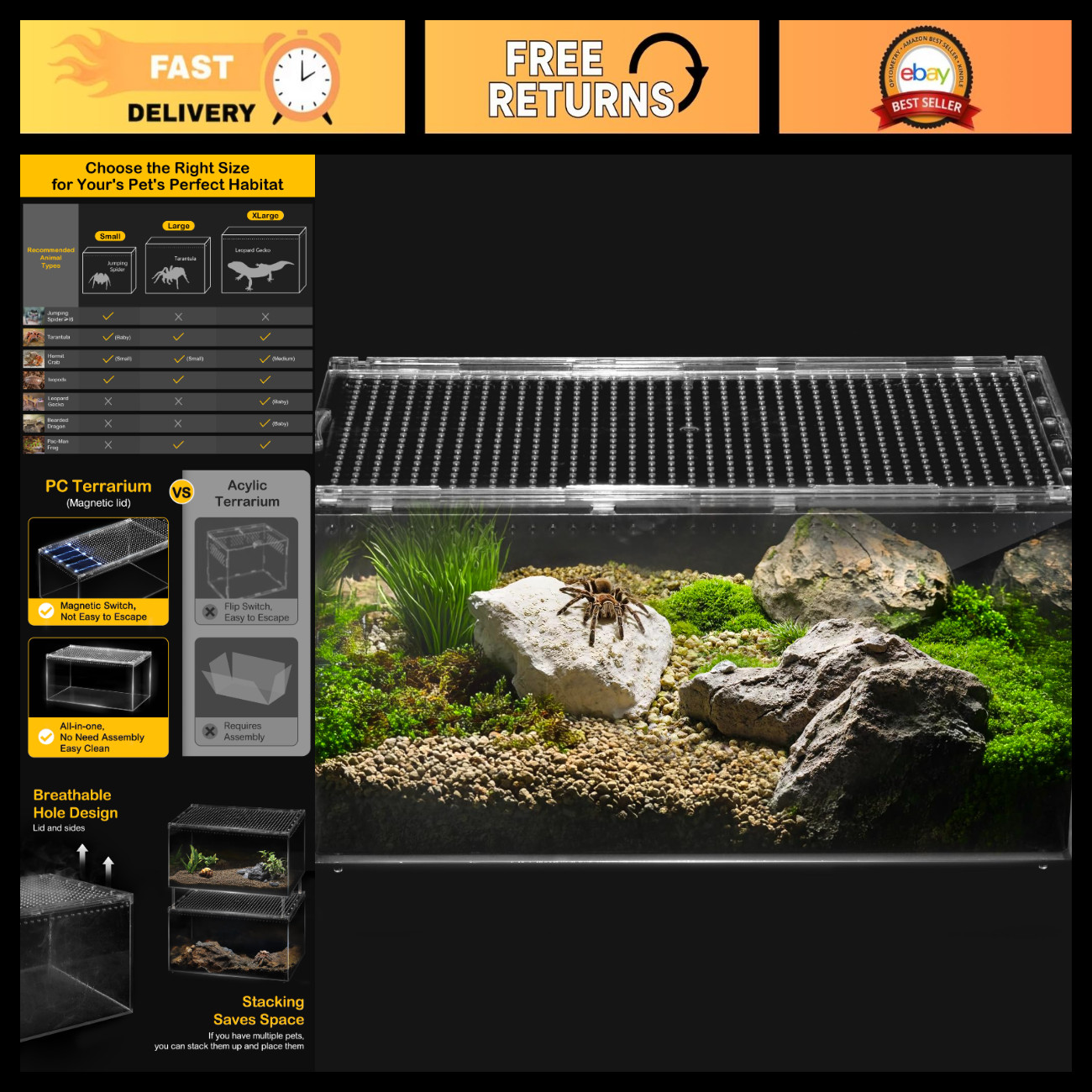 Escape Proof Magnetic Lid Reptile Tank - Small Tarantula Enclosure, Secure Habit Escape Proof Magnetic Lid Reptile Tank - Small Tarantula Enclosure, Secure Habit