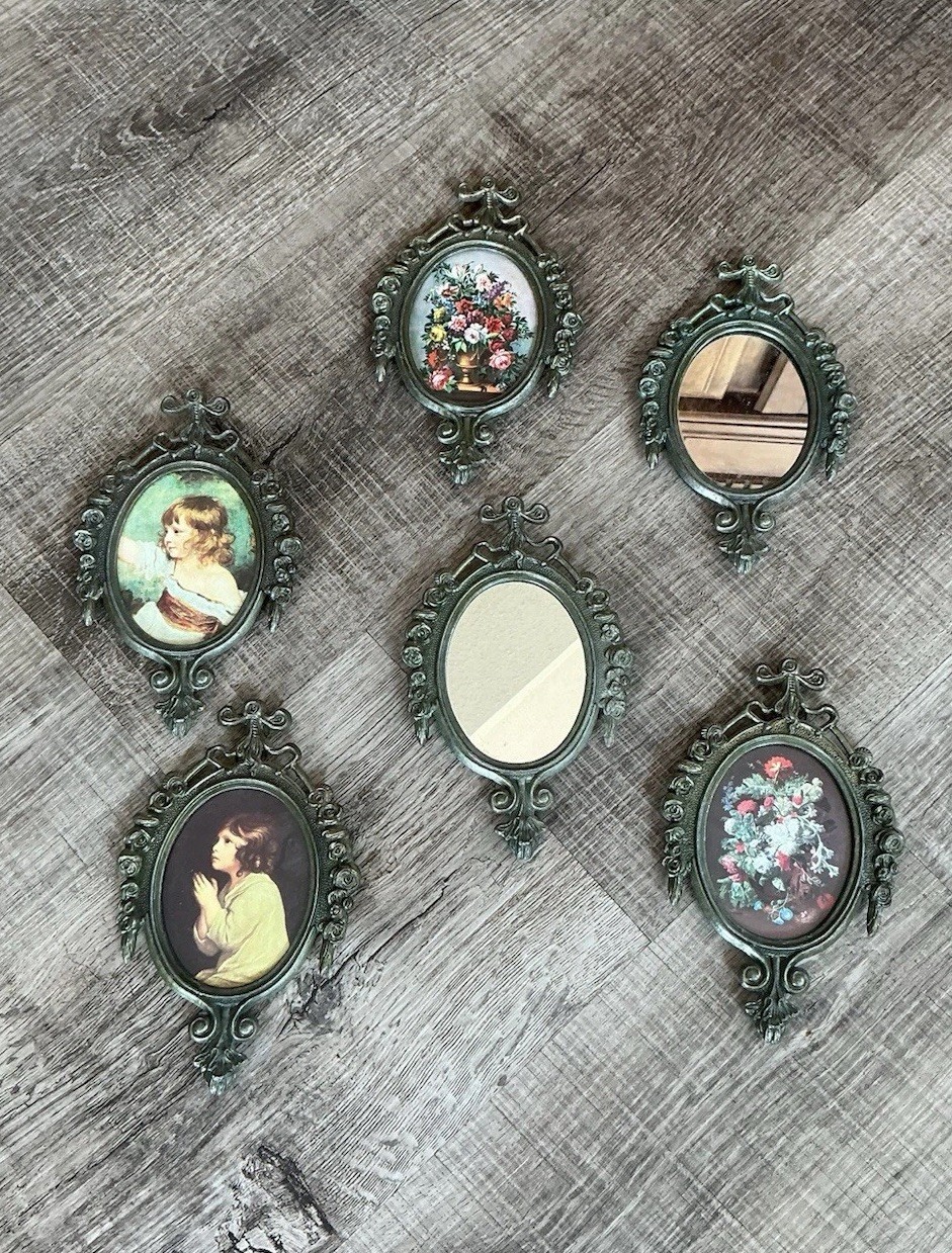 6 Italian Ornate Metal Framed Wall Set Vintage Mirrored Floral Print Design