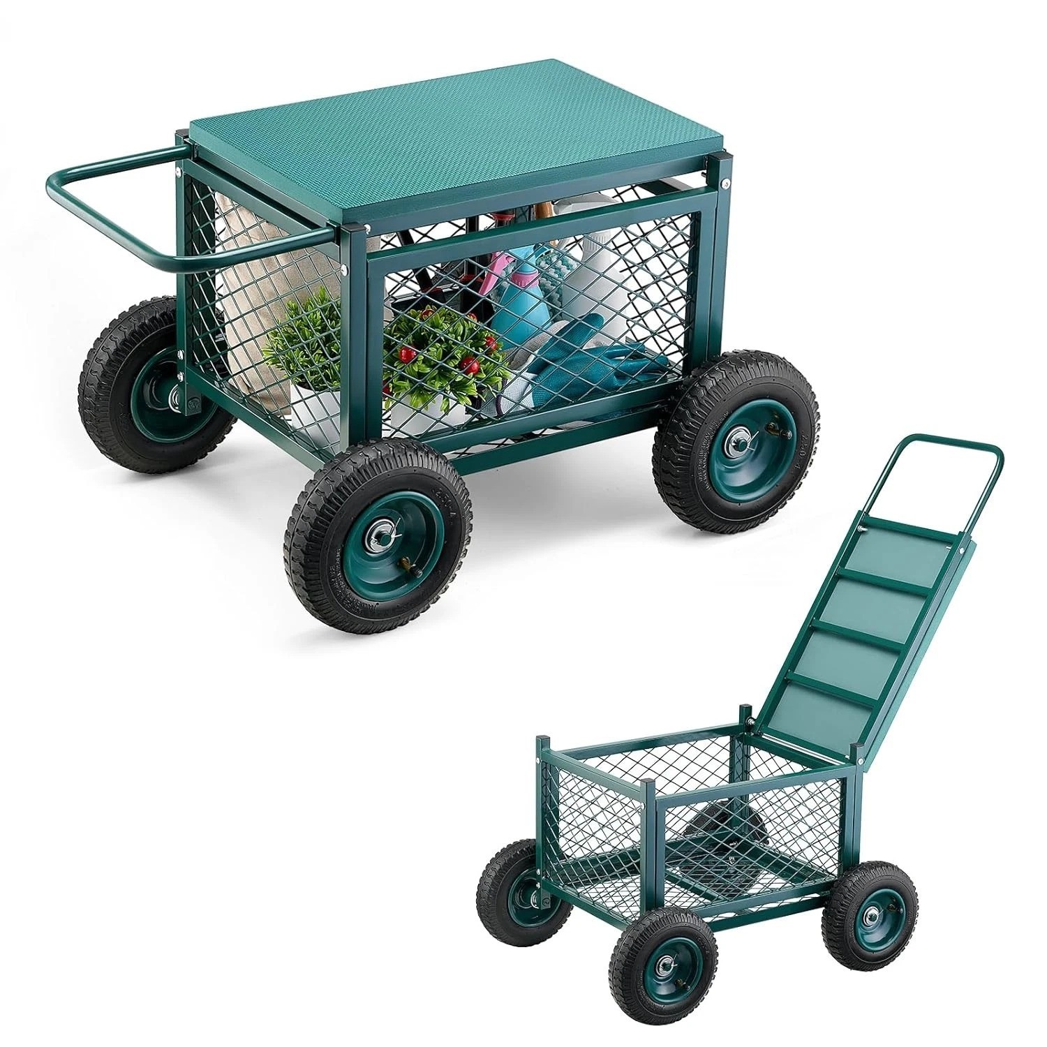 VEVOR Metal Rolling Garden Cart with Storage and Garden Work Seat