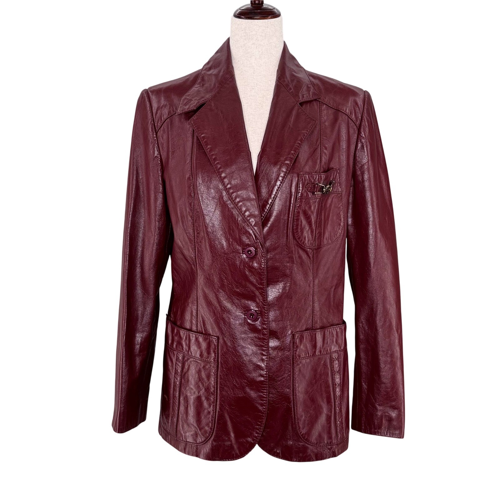 Etienne Aigner Burgundy Leather Jacket Notched Collar 70s Vintage Size 10