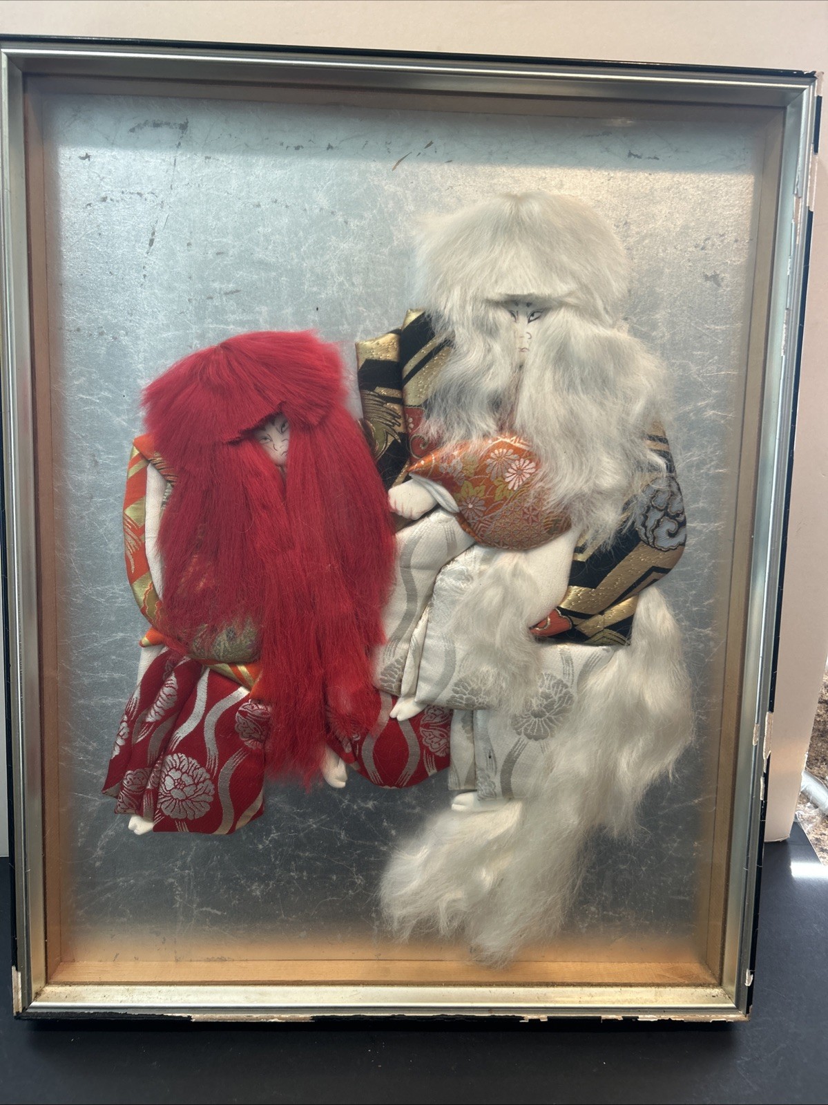 Japanese Kabuki Dolls Renjishi Shadow Box Wall Hanging Vintage Display