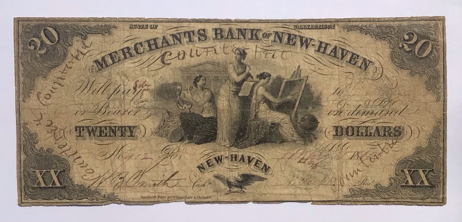 Rare 1858 Counterfeit $20 New Haven Bank Note W/ Angry Teller Ink Cancellation