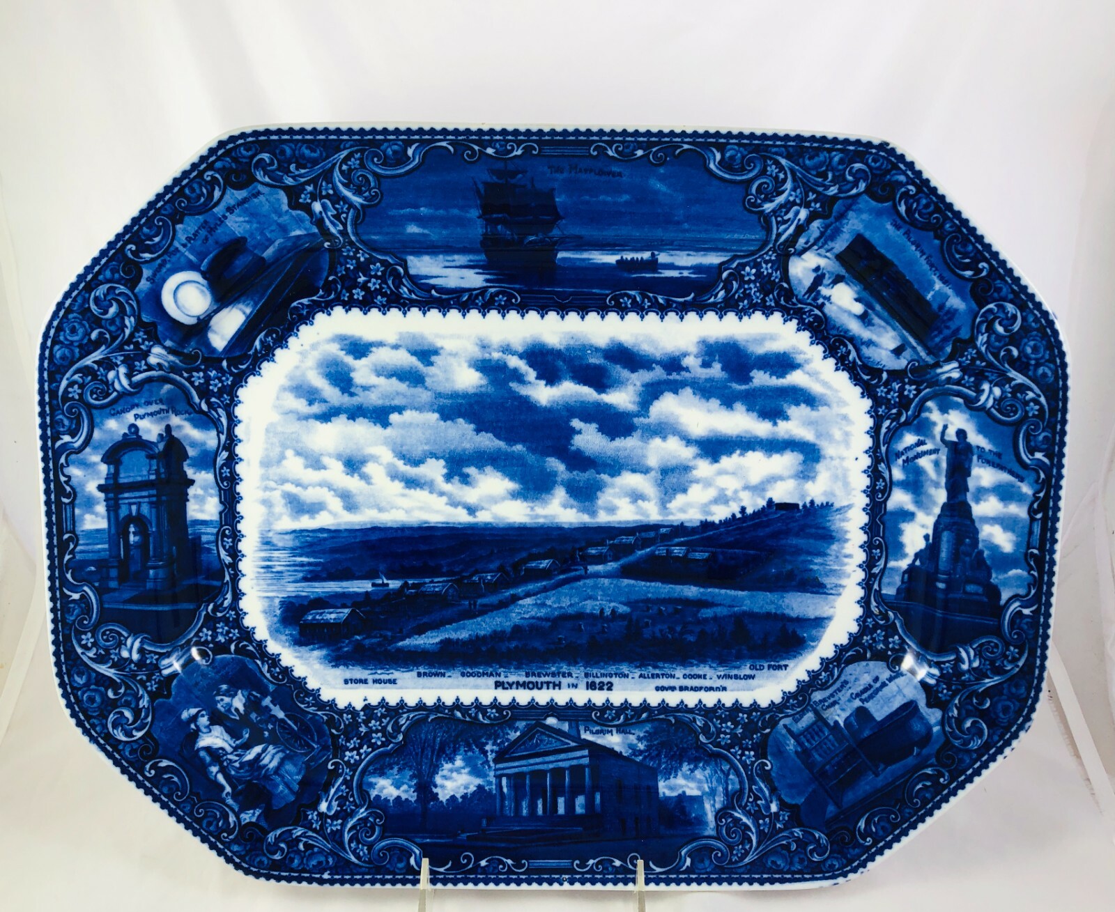 Antique R&M Dark Cobalt Blue Historical Platter Plymouth 1622 Mayflower Pilgrim Antique R&M Dark Cobalt Blue Historical Platter Plymouth 1622 Mayflower Pilgrim