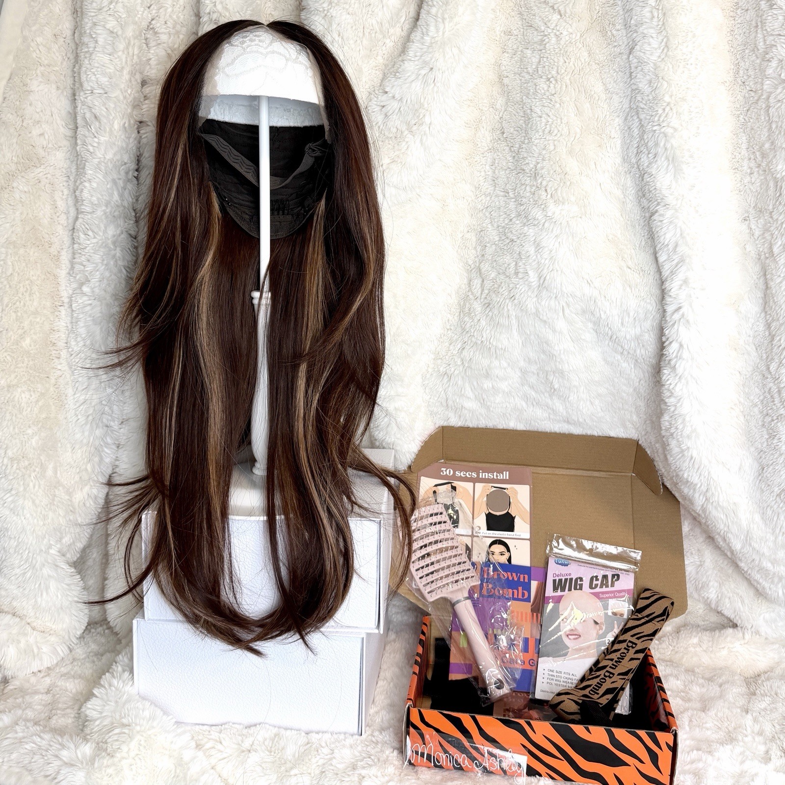 BrownBomb 26” Caramel Brown Blonde Balayage Lace Front Wig Plucked Synthetic NIB