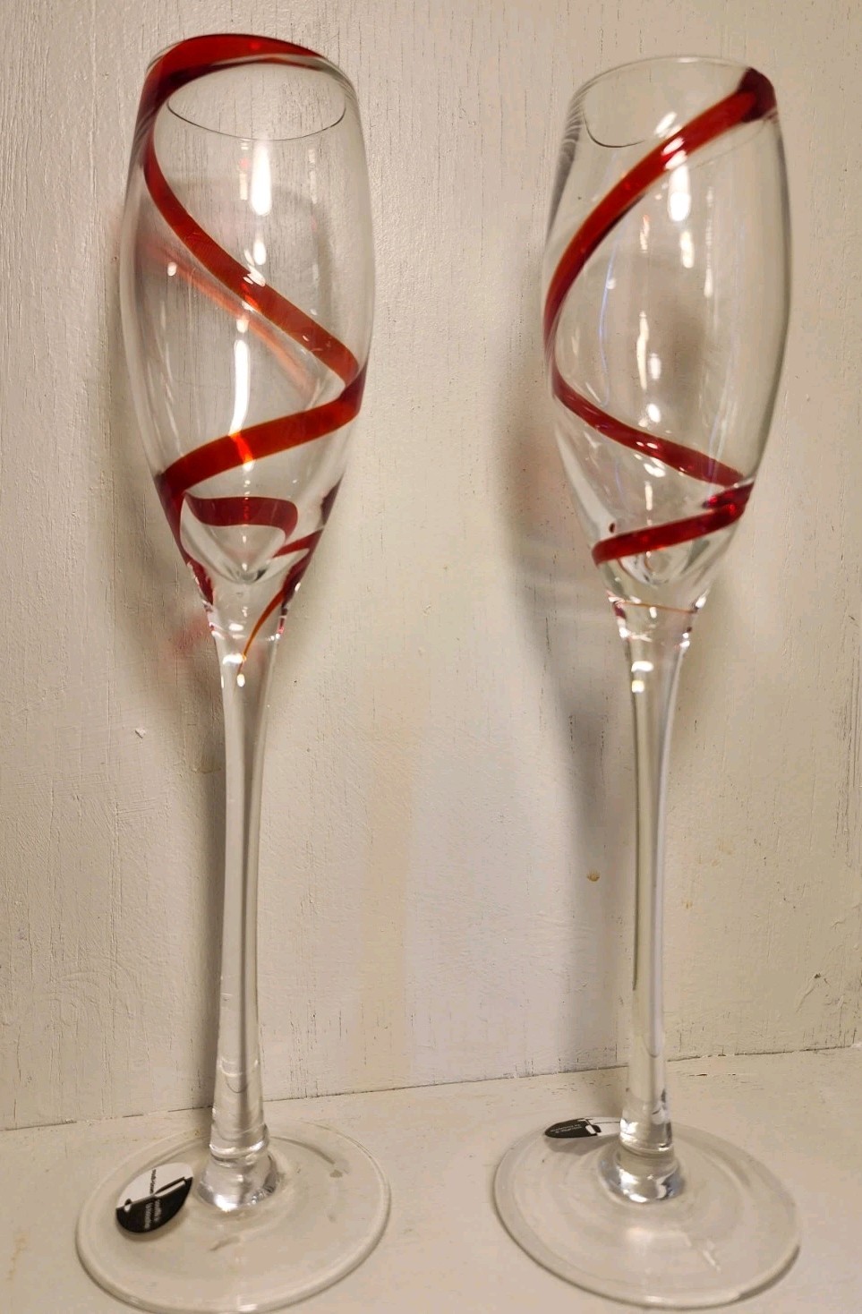 Discontinued PIER 1 Champagne Flute Glasses Red Swirl Long Stem 10.25\ Discontinued PIER 1 Champagne Flute Glasses Red Swirl Long Stem 10.25\