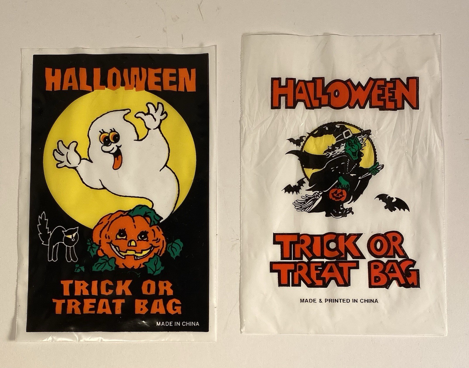 Lot of 37 Vintage 1980s Plastic Halloween Trick or Treat Bags Ghost Witch Design