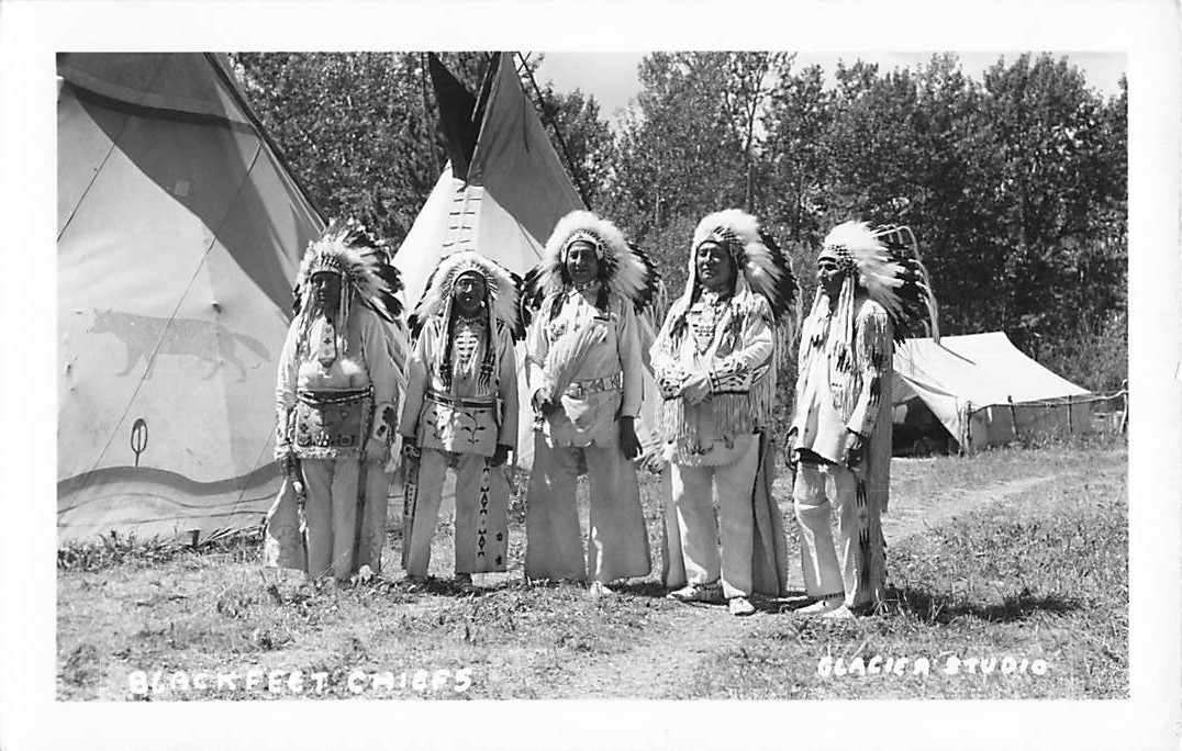 Postcard RPPC Blackfeet Chiefs Glacier Studio Montana Traditional Dress c1940s