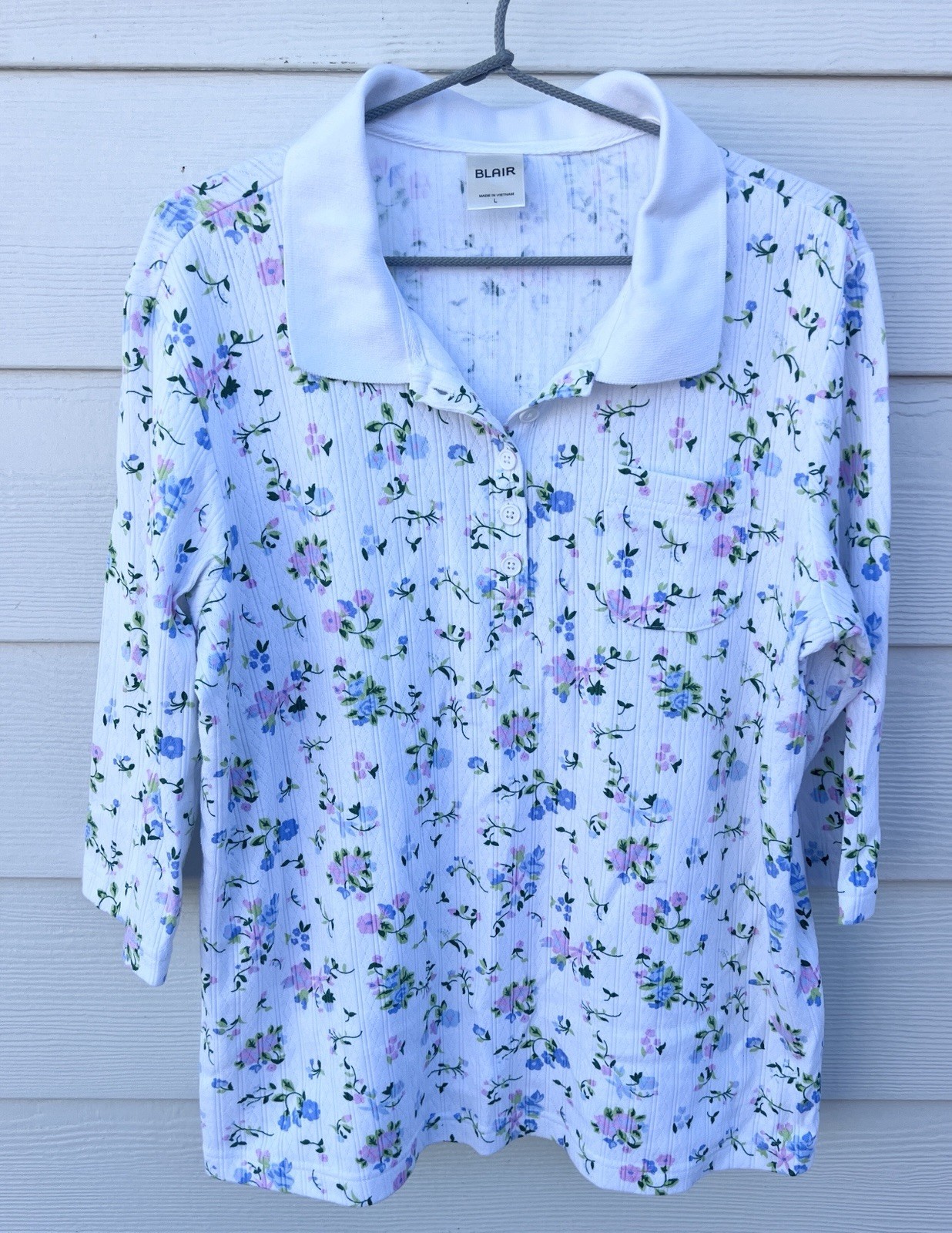 Blair White 3-4 Sleeve Top With Vtg Flower Pattern Super Soft Size Large