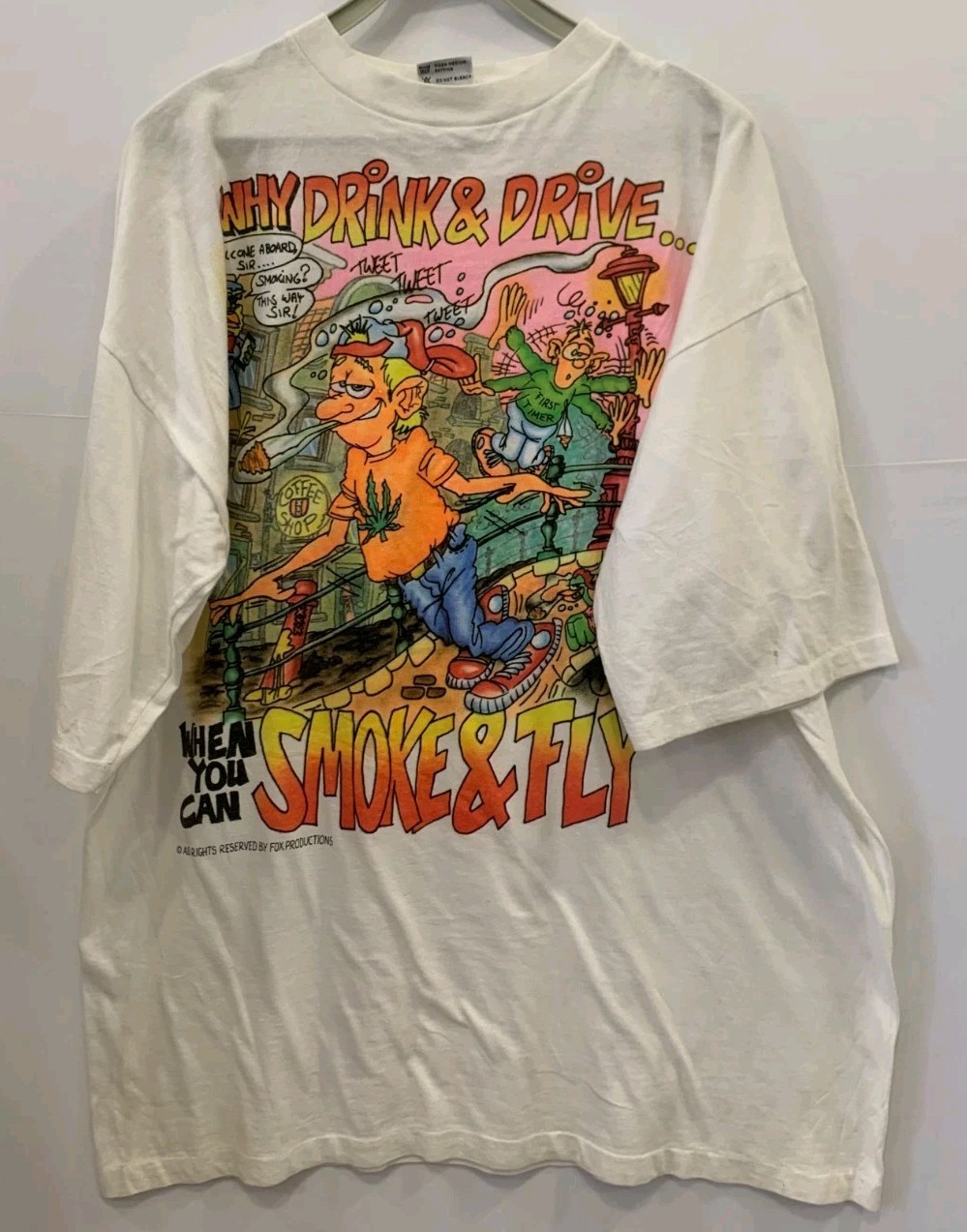 Vintage FoxTees Weed Stoner Humor T-Shirt XL White Smoke & Fly Graphic Tee #238