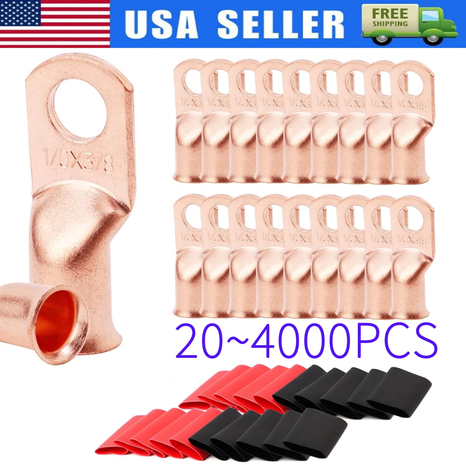 4000pcs 1/0 AWG Gauge Copper Lugs w/ BLACK & RED Heat Shrink Ring Terminals Lot