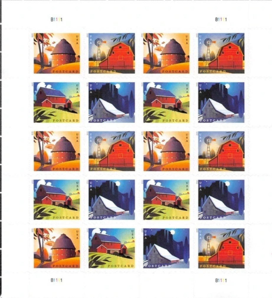 2021 USPS POSTCARD RATE STAMPS BARNS 5 sheets of 20 -100 pcs 2021 USPS POSTCARD RATE STAMPS BARNS 5 sheets of 20 -100 pcs