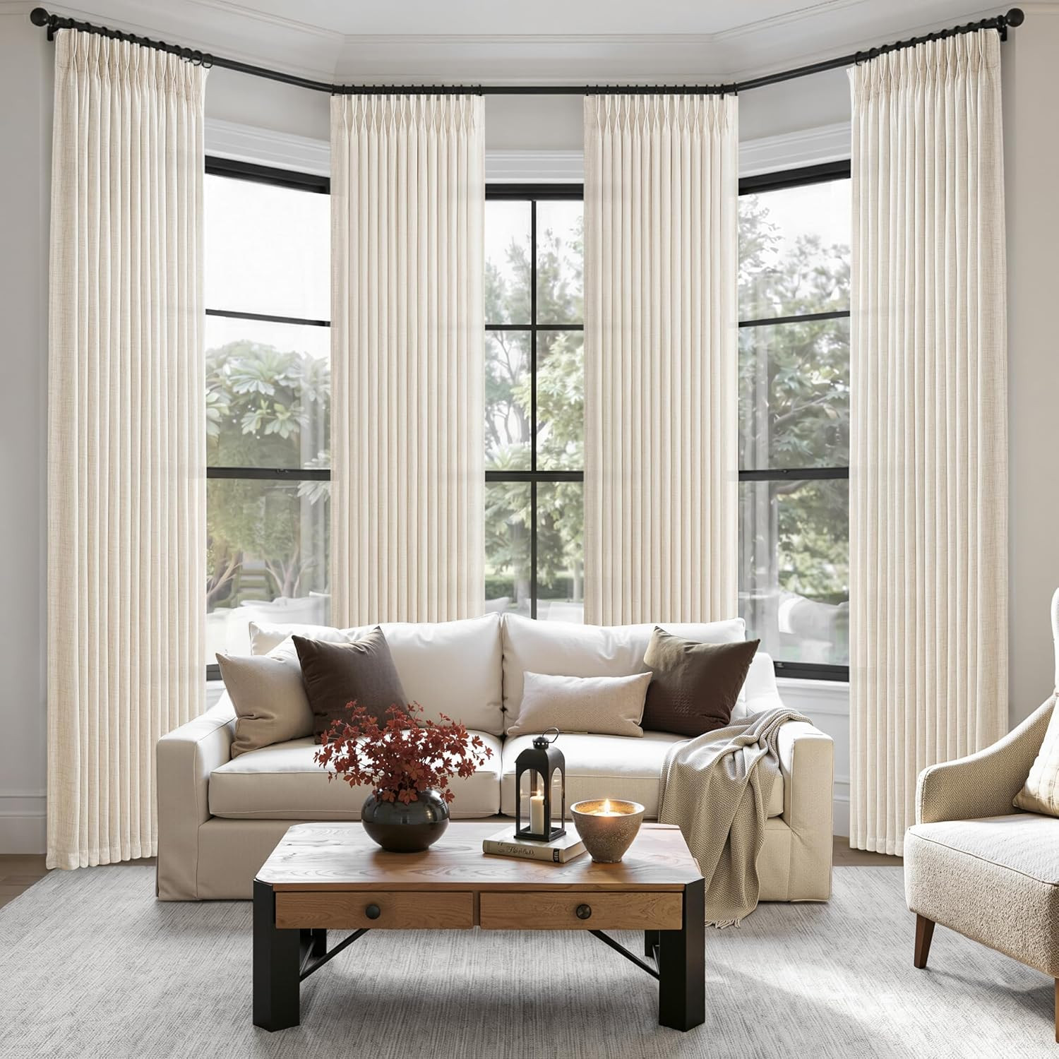 Pinch Pleated Linen Viral Curtains 4 Panels Set for Living Room 96 Inches Long,