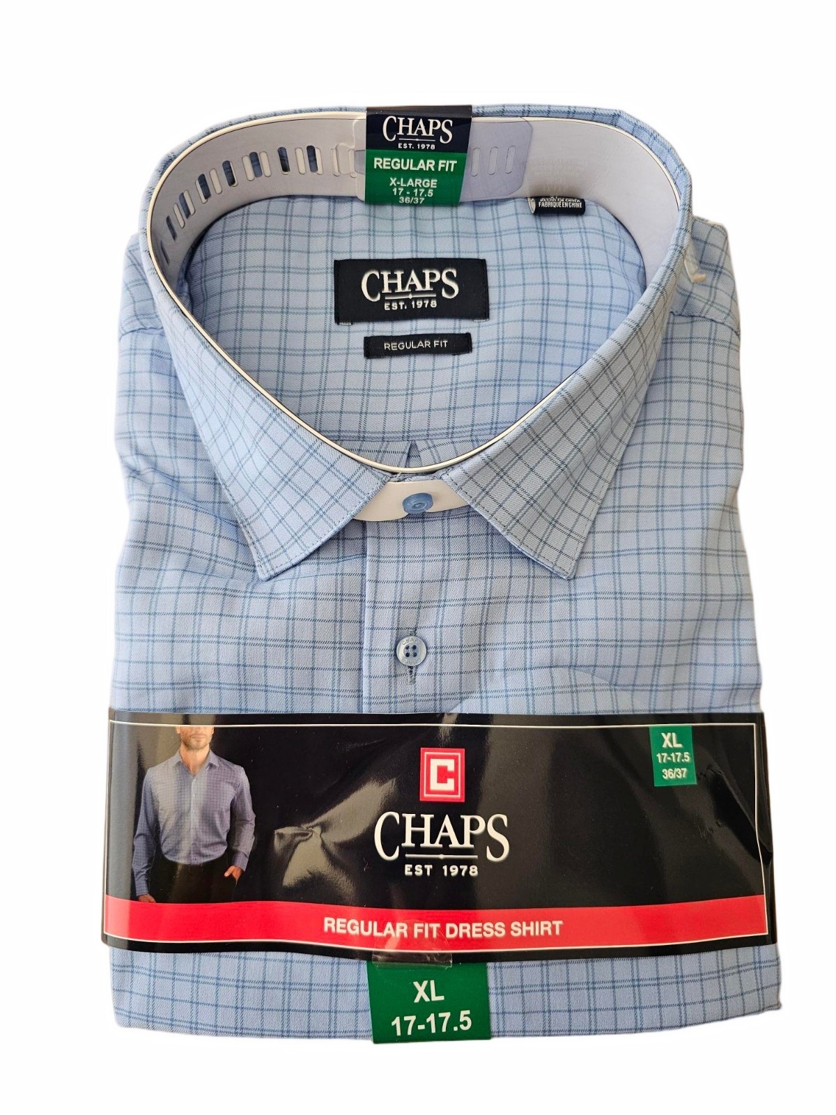 Chaps Mens Regular Fit Button Down Dress Shirt 17-17.5 x 36/37 Blue XL / X-LARGE