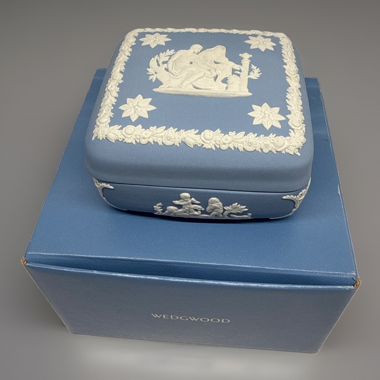 Vintage Wedgwood Blue Jasperware Ulysses Square Trinket Box 4” w/ Original Box