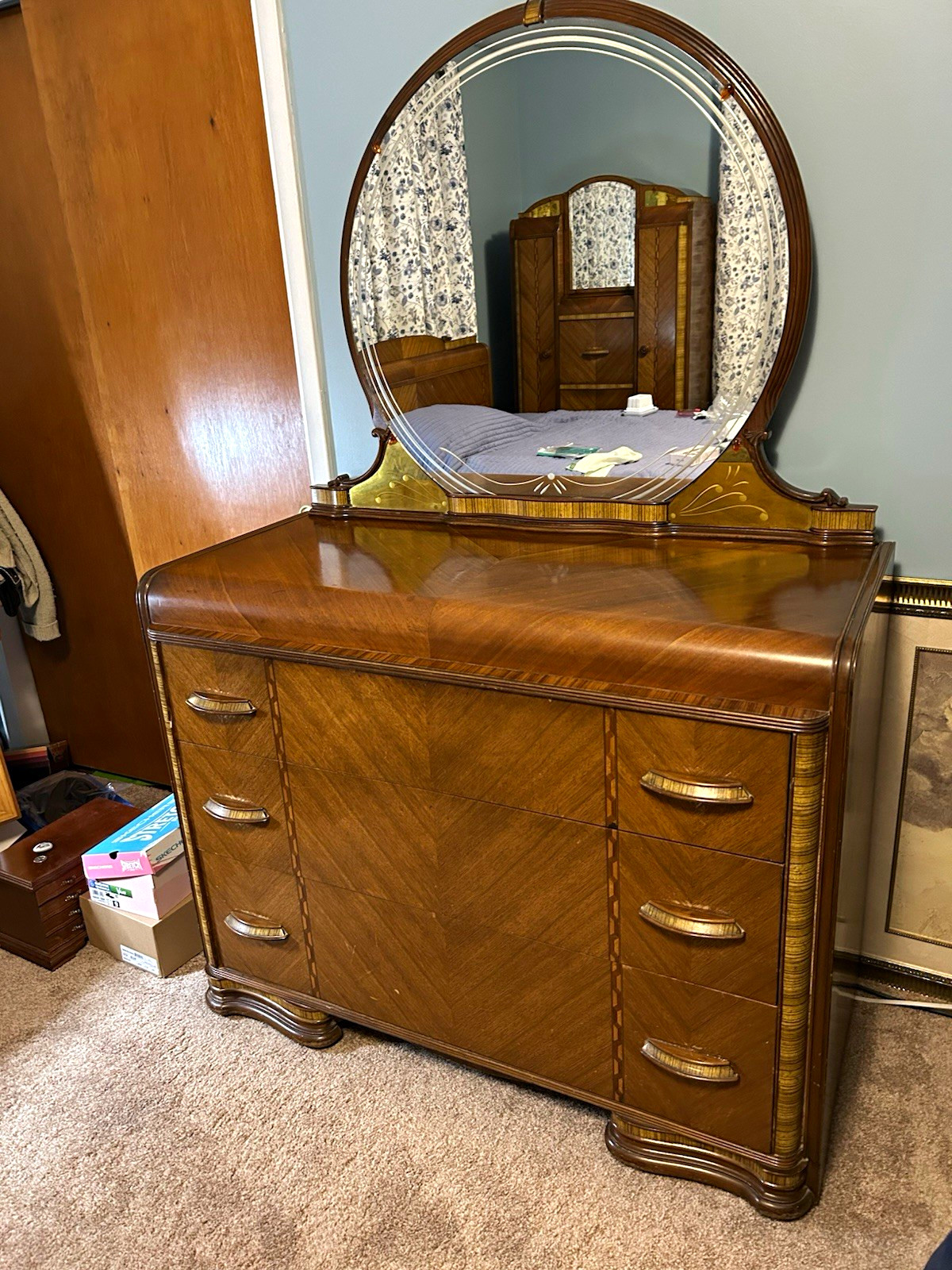 4-Piece 1940”s Art Deco Waterfall Bdrm: full bed, dresser, vanity&bench,wardrobe
