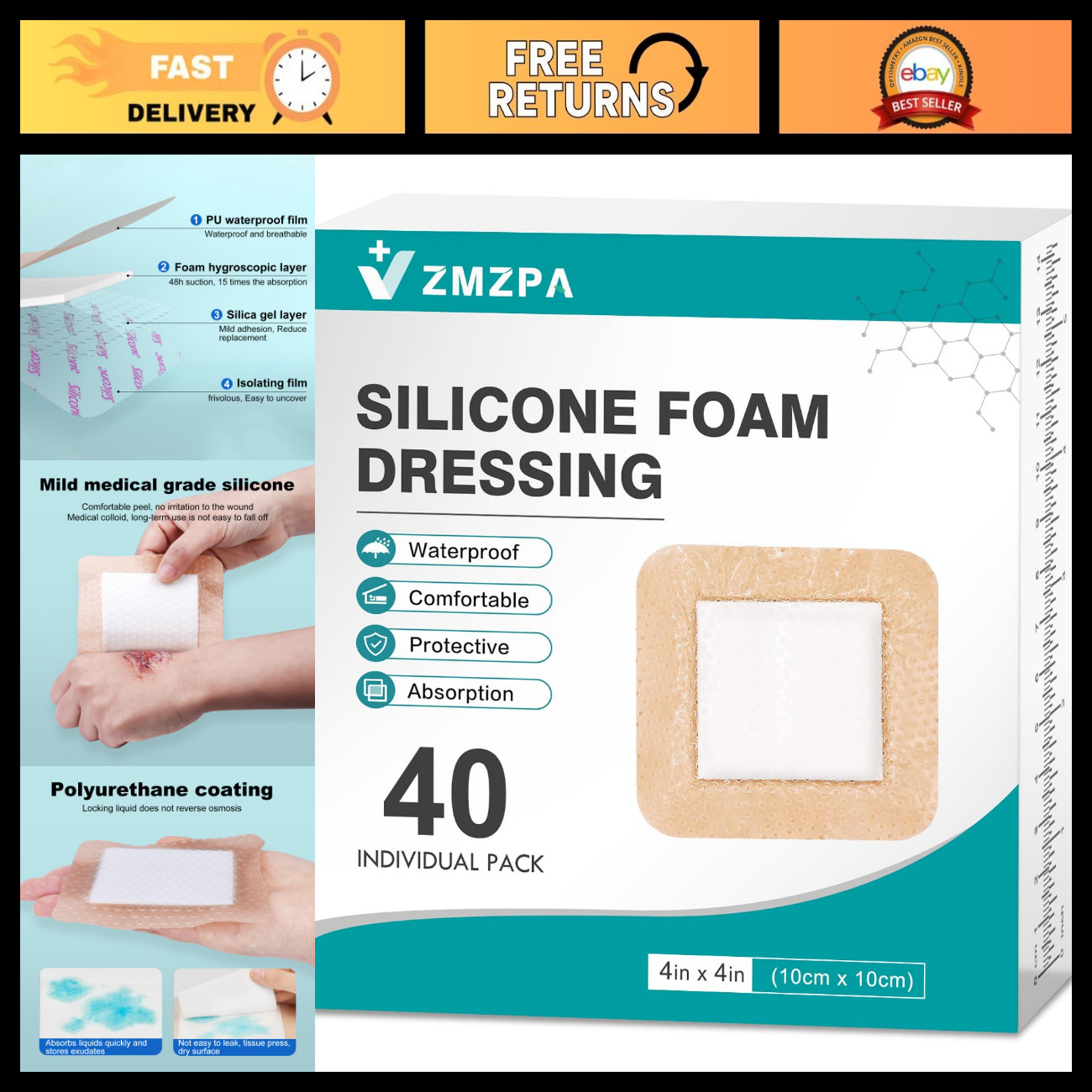 40Pcs Waterproof Silicone Foam Dressings 4x4, Gentle Border Bandages for Wound C