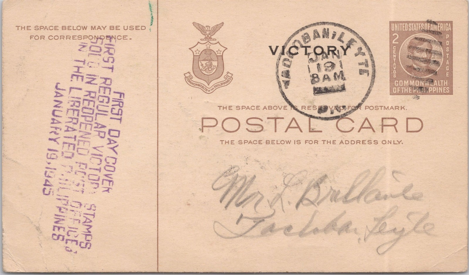 1945 Philippines Victory Overprint FDC Tacloban Leyte WWII Liberation Cover