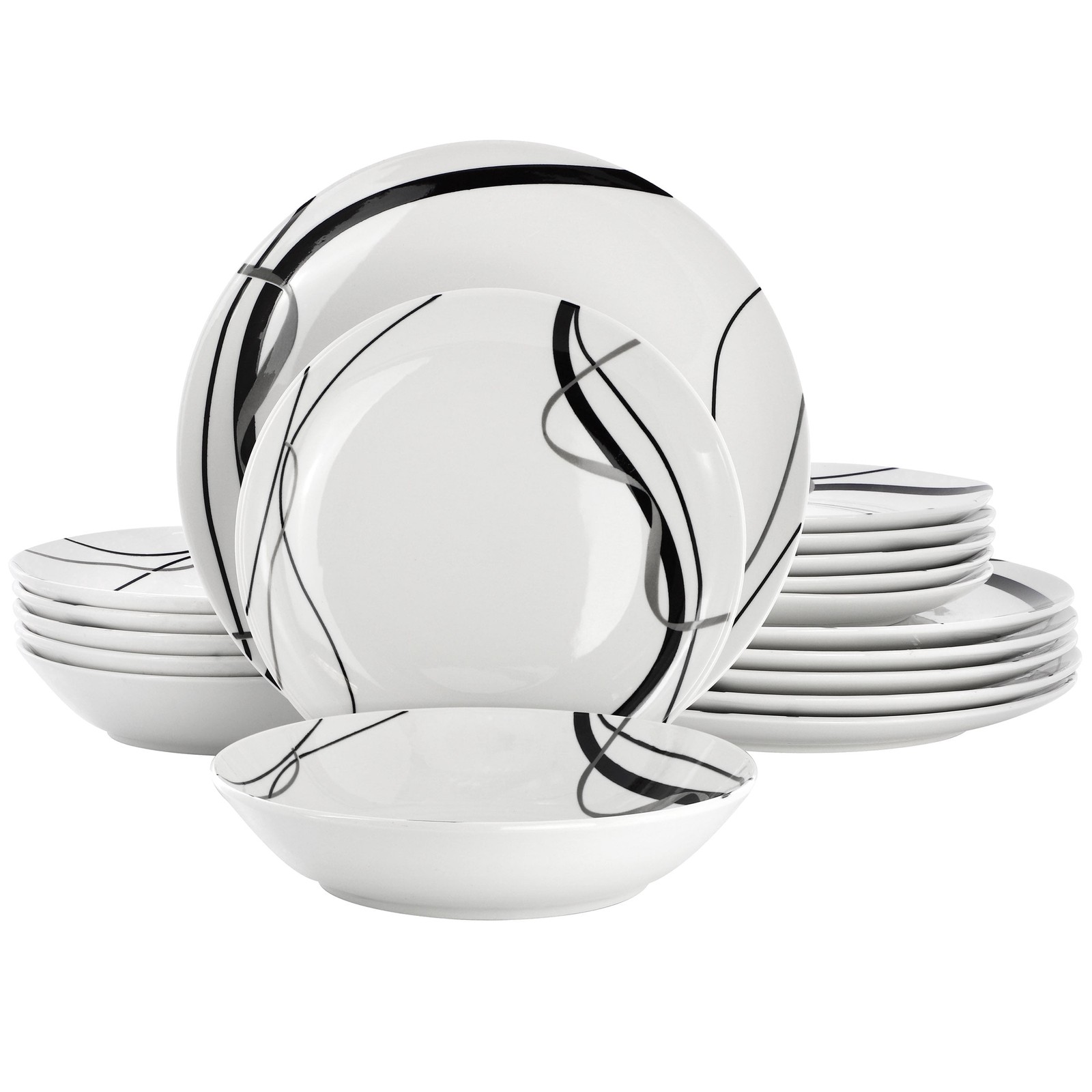 Sarah 18 Piece Porcelain Ribbon Lined Dinnerware Set, Service for 6 in White and