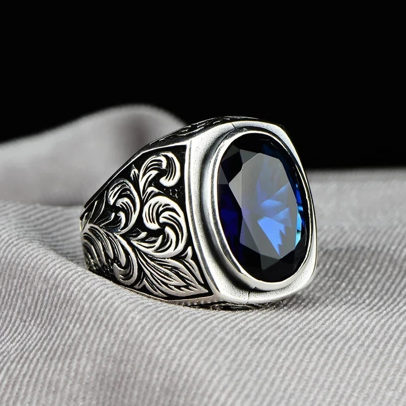 Ottoman Style Men Blue Sapphire Ring 925 Sterling Silver Turkish Handmade