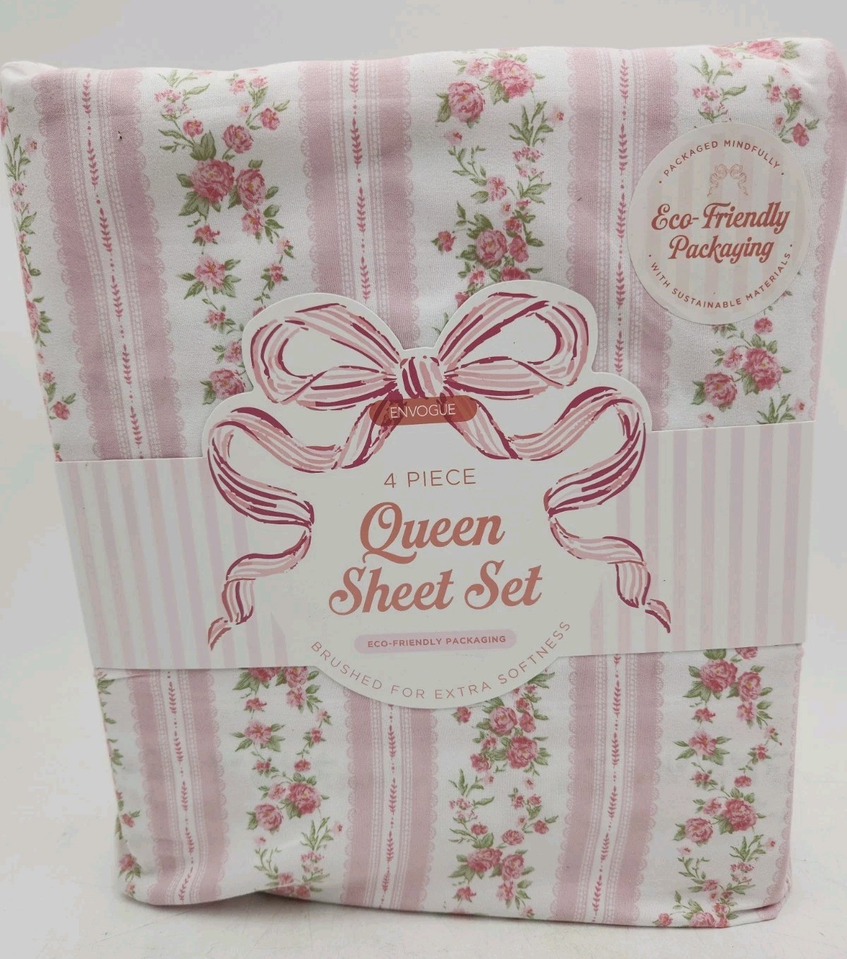 NEW Envogue 4-Piece QUEEN Sheet Set. Floral Stripe, Ivory Pink