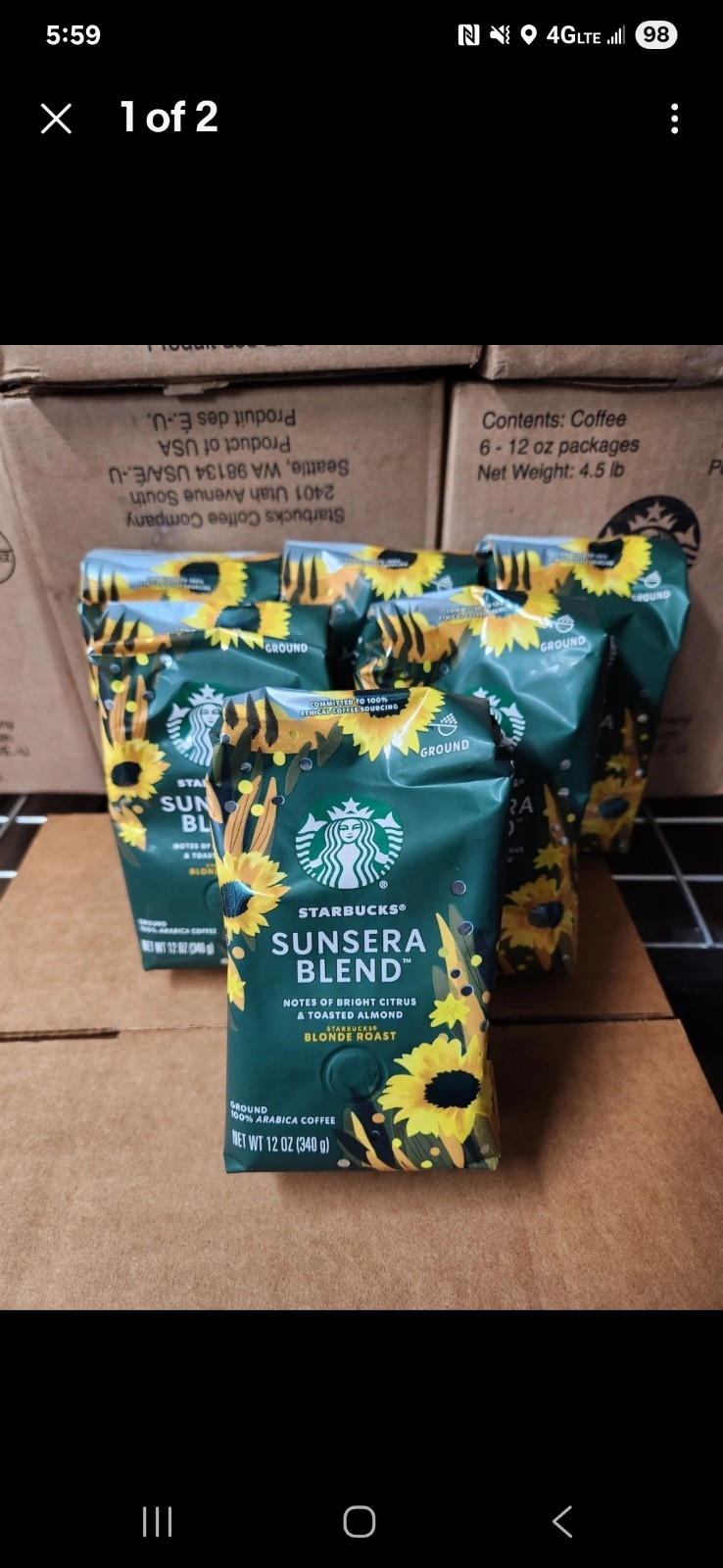 6 x Starbucks Sunsera Blend Light Roast Ground Coffee 12oz each.