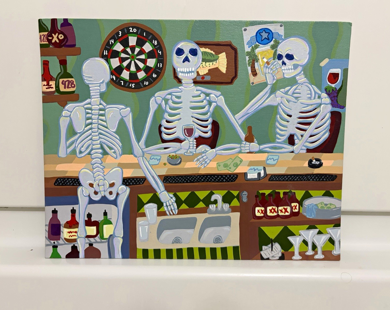 Original Skeleton Bar Painting 11x14 Acrylic on Canvas Board Signed Artwork Ooak