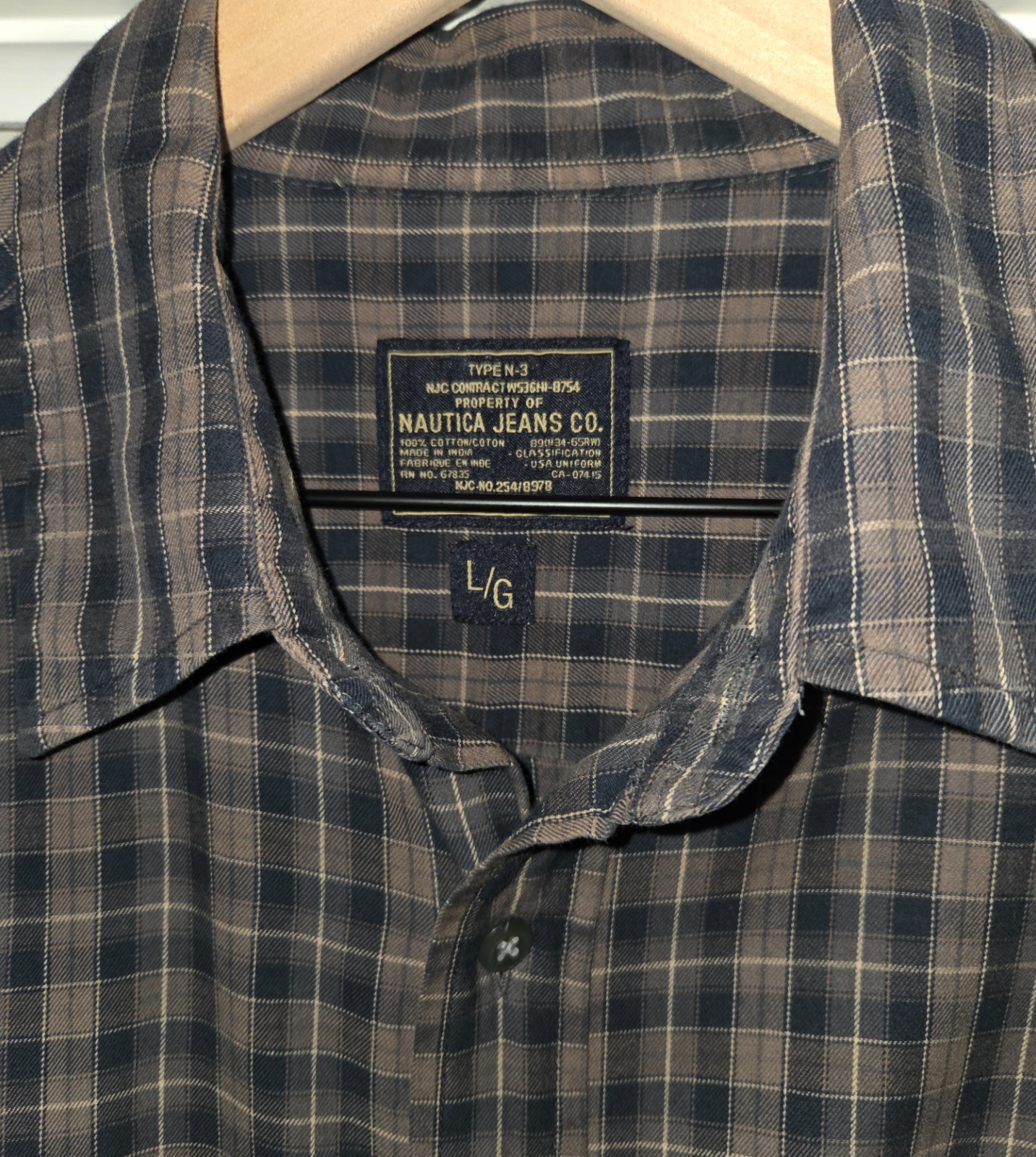 Nautica Men\'s Large Long Sleeve Button Down Shirt - Brown & Navy Plaid-Excellent