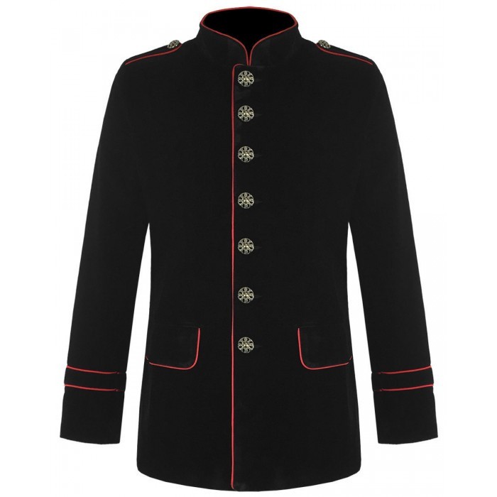 Men’s Black Velvet Gothic Military Coat Red Piping Steampunk