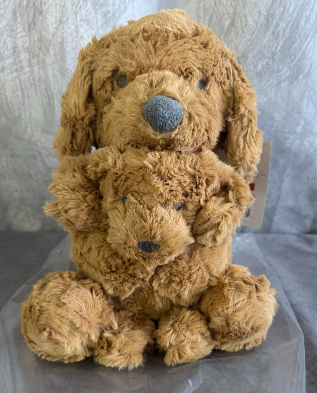 Cloud Island Plush Dog Mom and Baby Puppy Toy Rattle Set Brown Embroidered Eyes