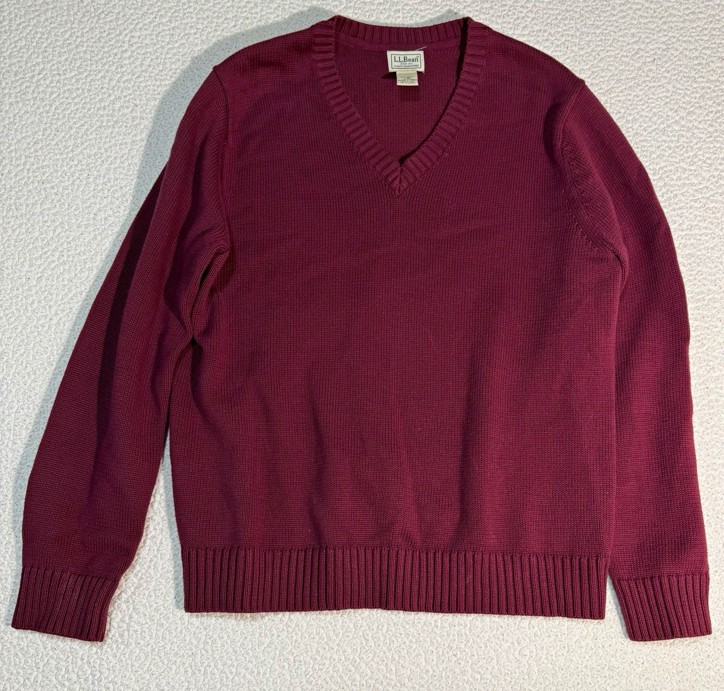 L.L.Bean Men’s L Burgundy Tight-Knit Cotton V-Neck Pullover Logo Sweater
