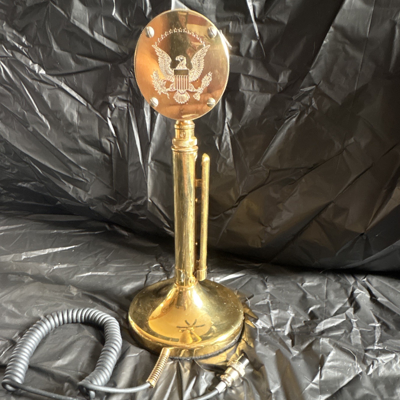 Astatic Vintage Brass-Tone Desk Stand Microphone Eagle Emblem Coiled Cord