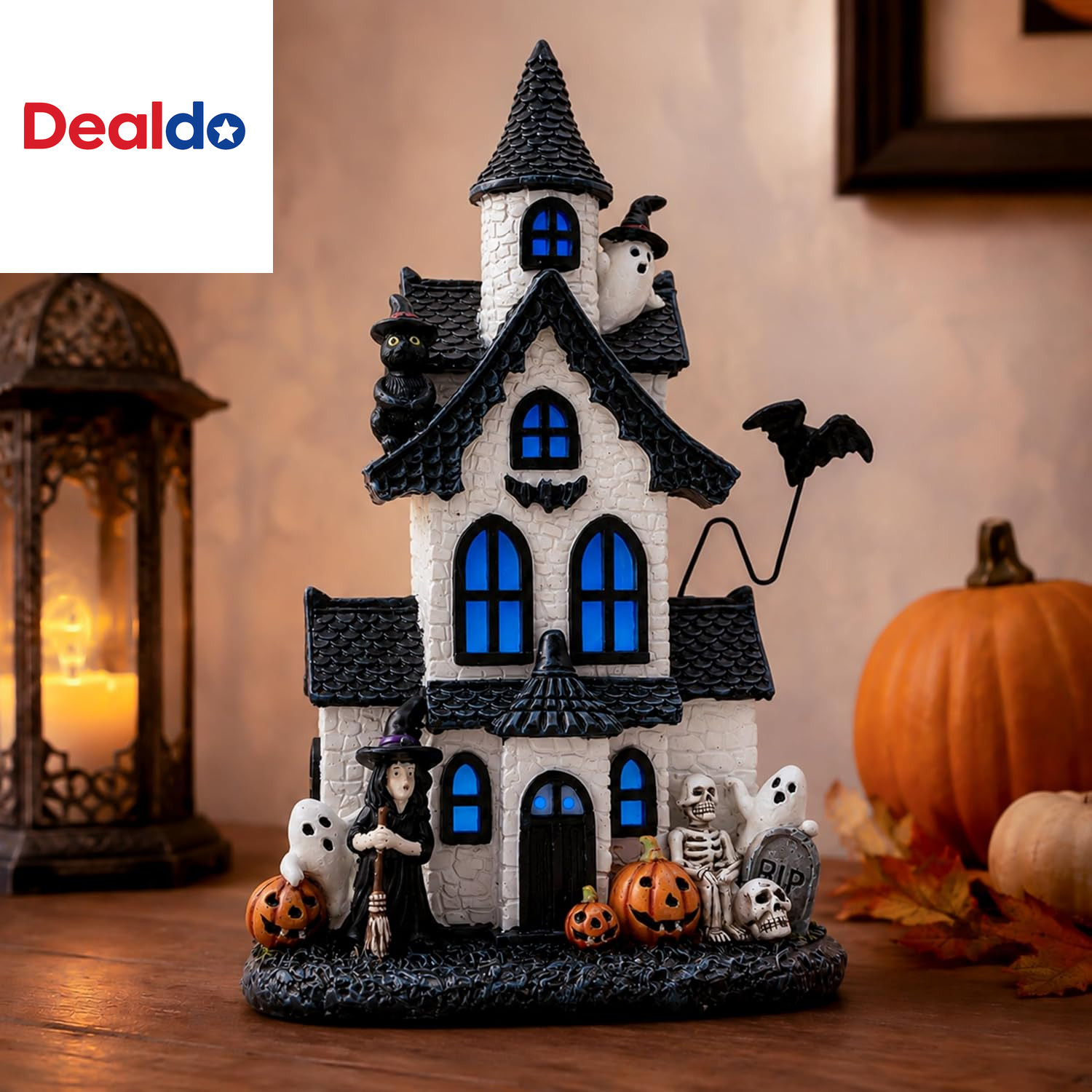 9 Inch Halloween Haunted House Village Figurine Resin LED Decor