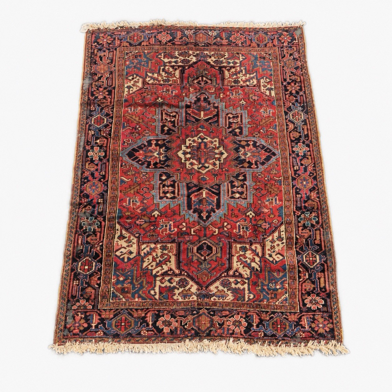 Vintage Heriz Handmade Wool Area Rug 8’6” x 6’7” Distressed Red Geometric Carpet