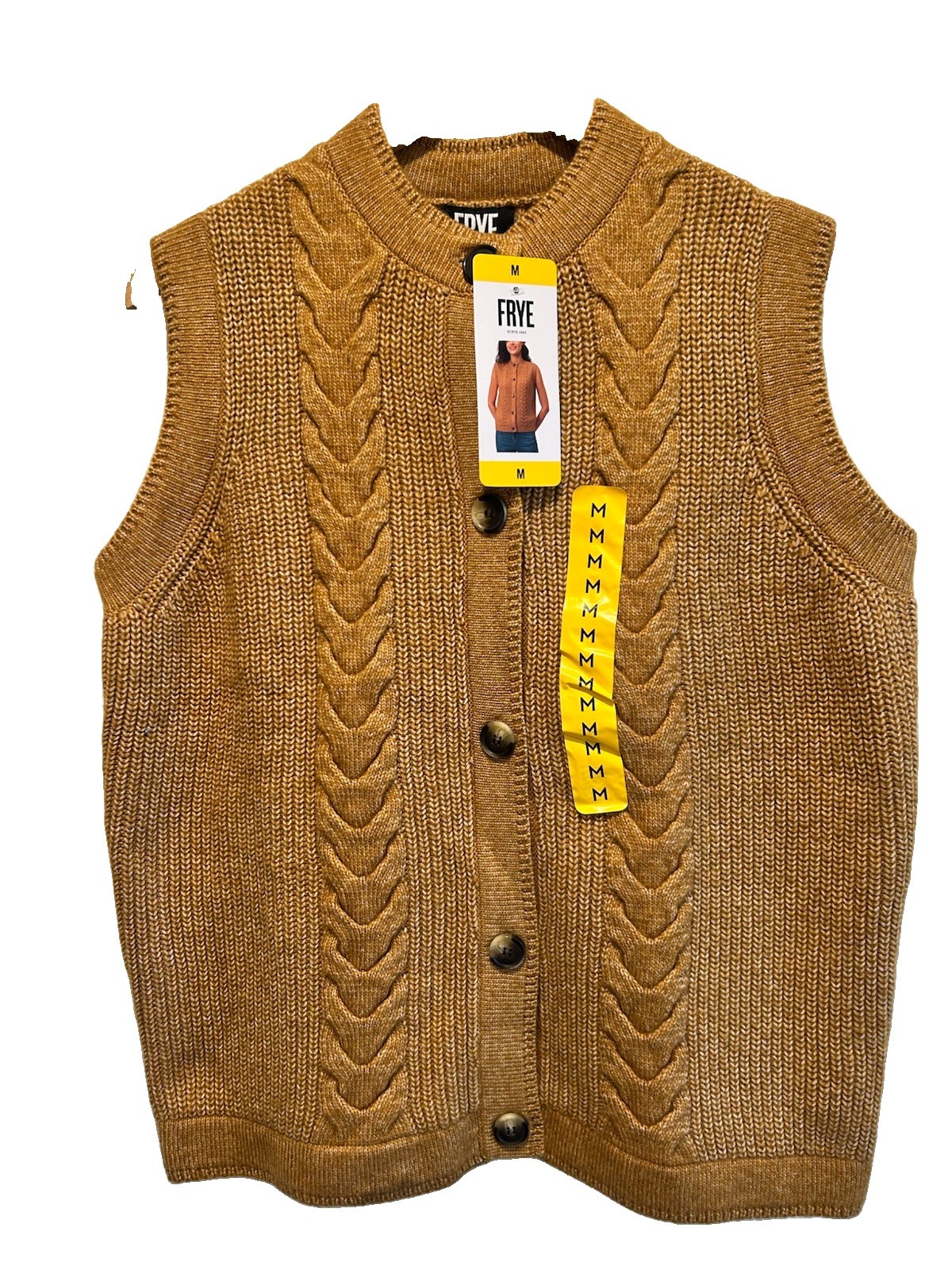 Frye Women’s Mustard yellow Cable-Knit Crew Neck Button Front Sweater Vest Sz M Frye Women’s Mustard yellow Cable-Knit Crew Neck Button Front Sweater Vest Sz M