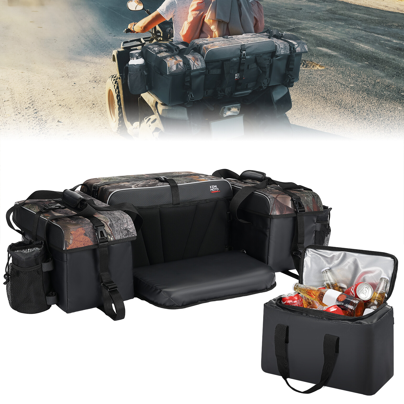 KEMIMOTO ATV Rear Seat Bag Cargo Storage Bag w/Cushion Cooler Padded Bottom Bags